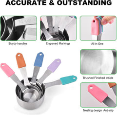 13-Piece All-Magnetic Measuring Cups and Spoons Set, 430 Stainless Steel Metal Measuring Cup and Spoon Set with Silicone Handles & Leveler for Baking Cooking (Black)