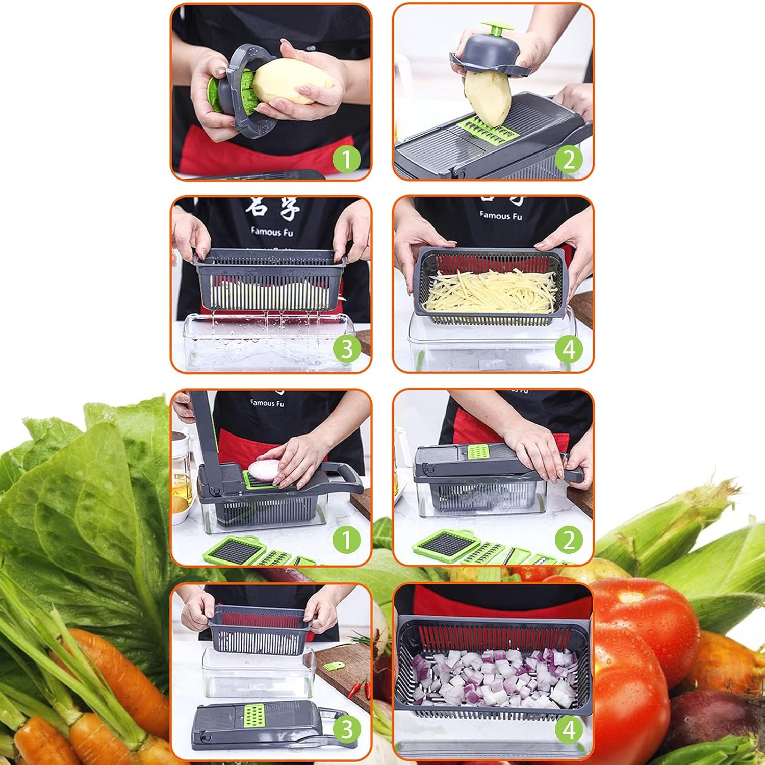 12 in 1 Pro Vegetable Chopper with Container, Multifunctional Veggie Chopper Dicer,Salad Chopper Box, Mandoline Slicer,Food Chopper with Sharp Blades, Easy to Clean