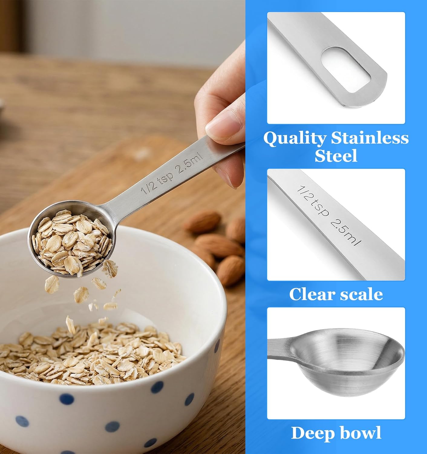 1/2 Teaspoon Measuring Spoons, 3Pcs Stainless Steel Short Design Kitchen Tools for Precise Cooking Baking Spices Measurement, 2.5ml