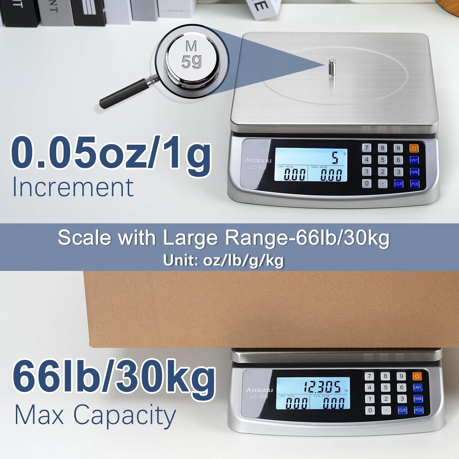 110lb Food Scale, Commercial Kitchen Scale with Price Computing | Plug-in Usable, 0.05oz/1g Increment, 304 Stainless Steel, for Cooking, Vegetables, Farm, Industry, Counting. LC300 Silver