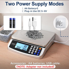 110lb Food Scale, Commercial Kitchen Scale with Price Computing | Plug-in Usable, 0.05oz/1g Increment, 304 Stainless Steel, for Cooking, Vegetables, Farm, Industry, Counting. LC300 Silver
