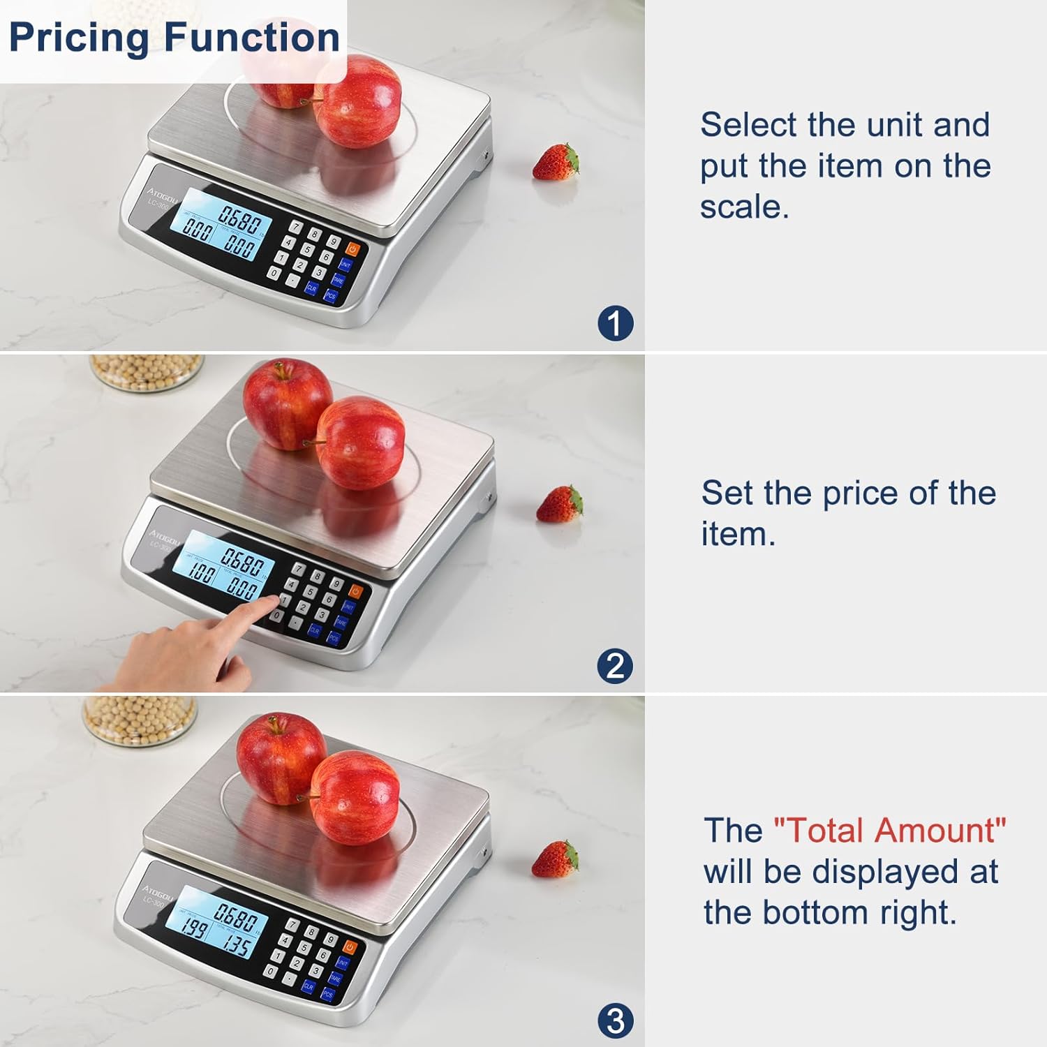 110lb Food Scale, Commercial Kitchen Scale with Price Computing | Plug-in Usable, 0.05oz/1g Increment, 304 Stainless Steel, for Cooking, Vegetables, Farm, Industry, Counting. LC300 Silver