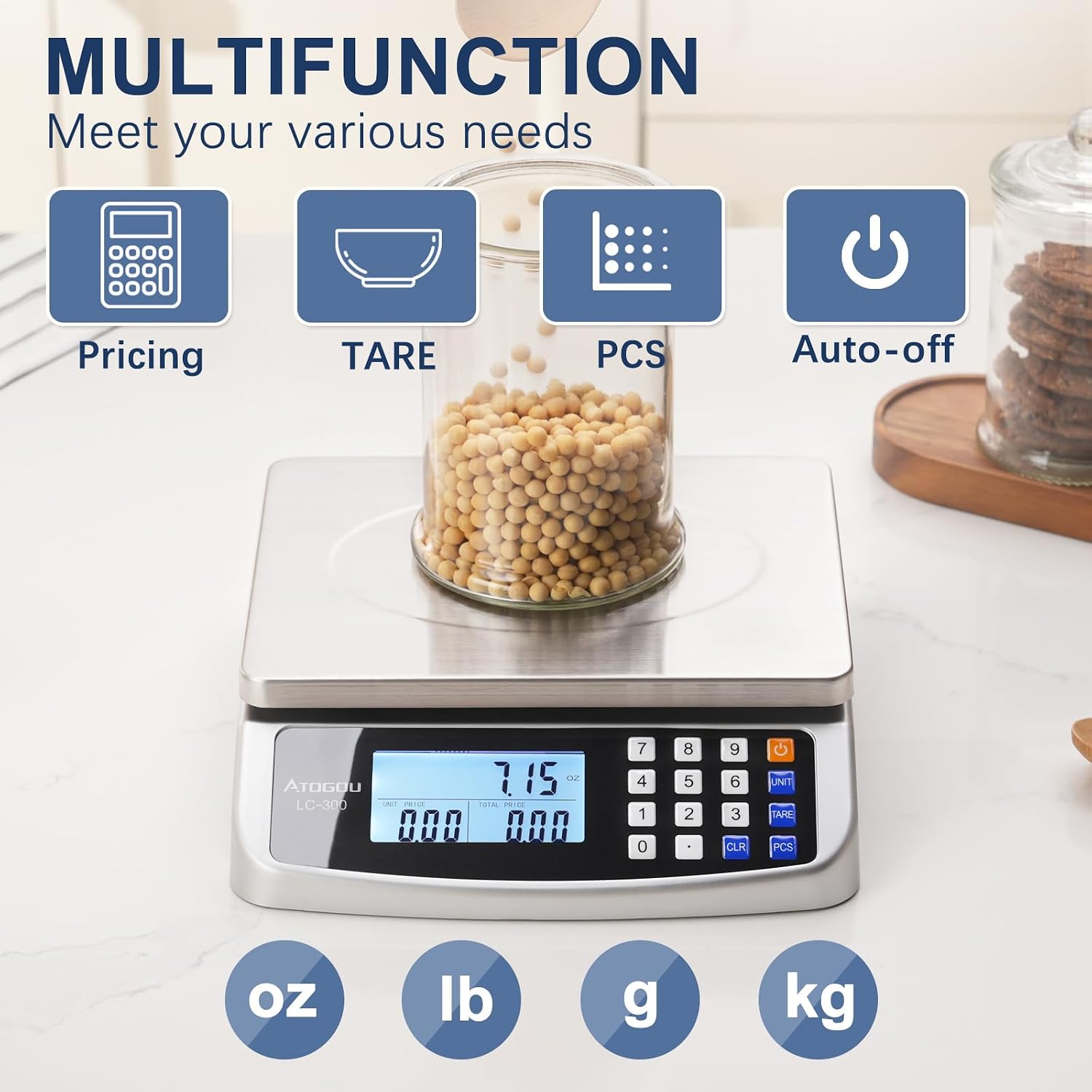 110lb Food Scale, Commercial Kitchen Scale with Price Computing | Plug-in Usable, 0.05oz/1g Increment, 304 Stainless Steel, for Cooking, Vegetables, Farm, Industry, Counting. LC300 Silver