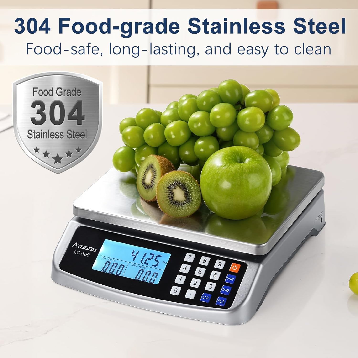 110lb Food Scale, Commercial Kitchen Scale with Price Computing | Plug-in Usable, 0.05oz/1g Increment, 304 Stainless Steel, for Cooking, Vegetables, Farm, Industry, Counting. LC300 Silver