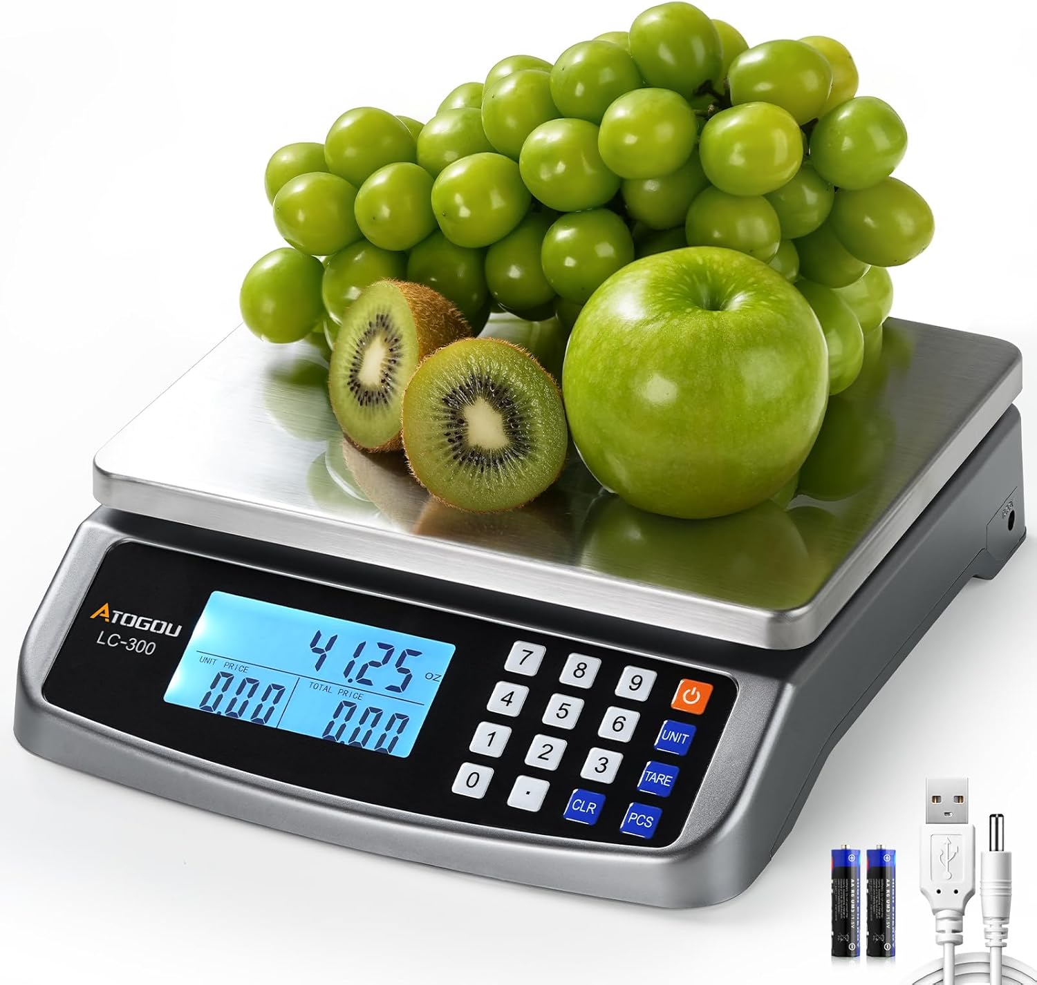 110lb Food Scale, Commercial Kitchen Scale with Price Computing | Plug-in Usable, 0.05oz/1g Increment, 304 Stainless Steel, for Cooking, Vegetables, Farm, Industry, Counting. LC300 Silver