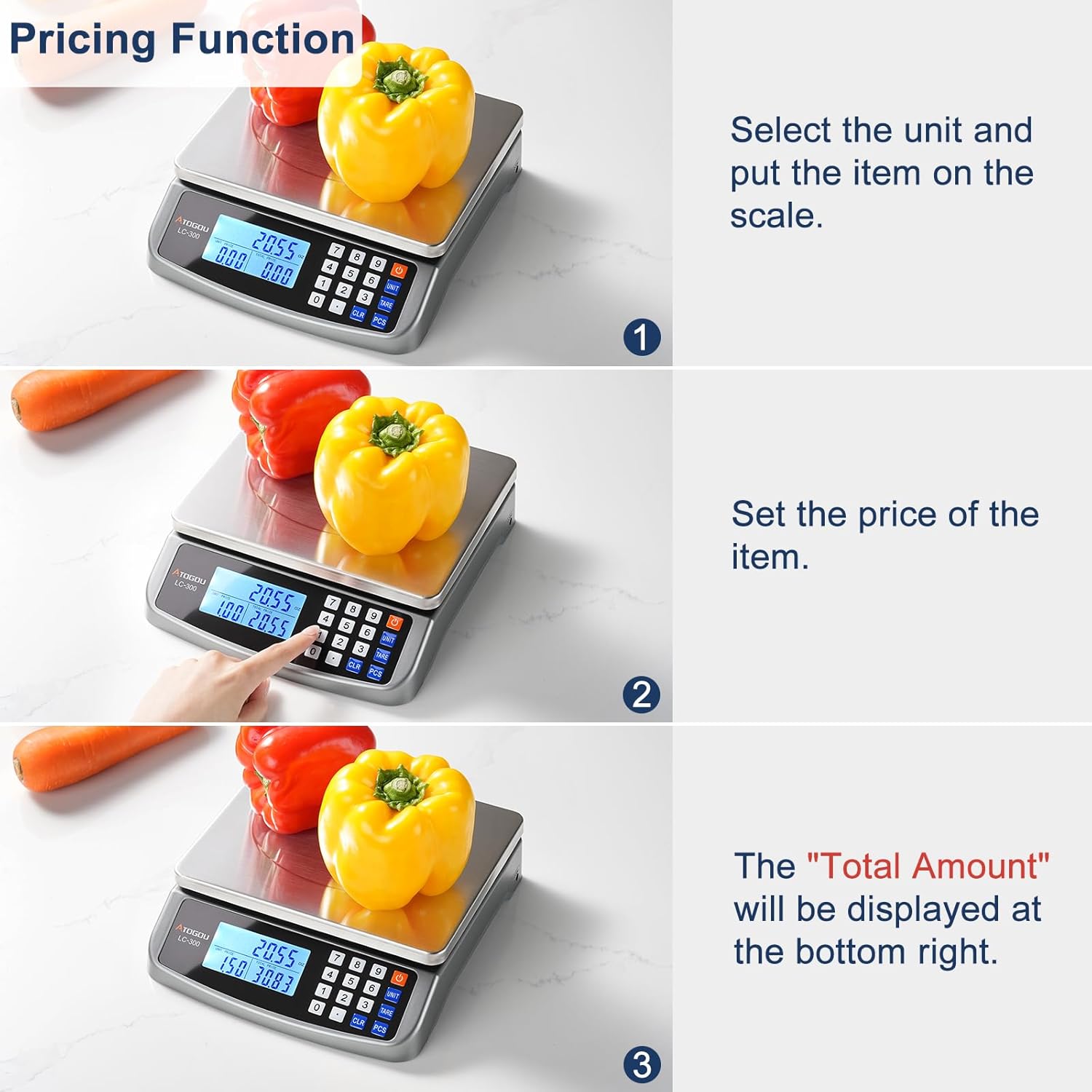 110lb Food Scale, Commercial Kitchen Scale with Price Computing | Plug-in Usable, 0.05oz/1g Increment, 304 Stainless Steel, for Cooking, Vegetables, Farm, Industry, Counting. LC300 Silver