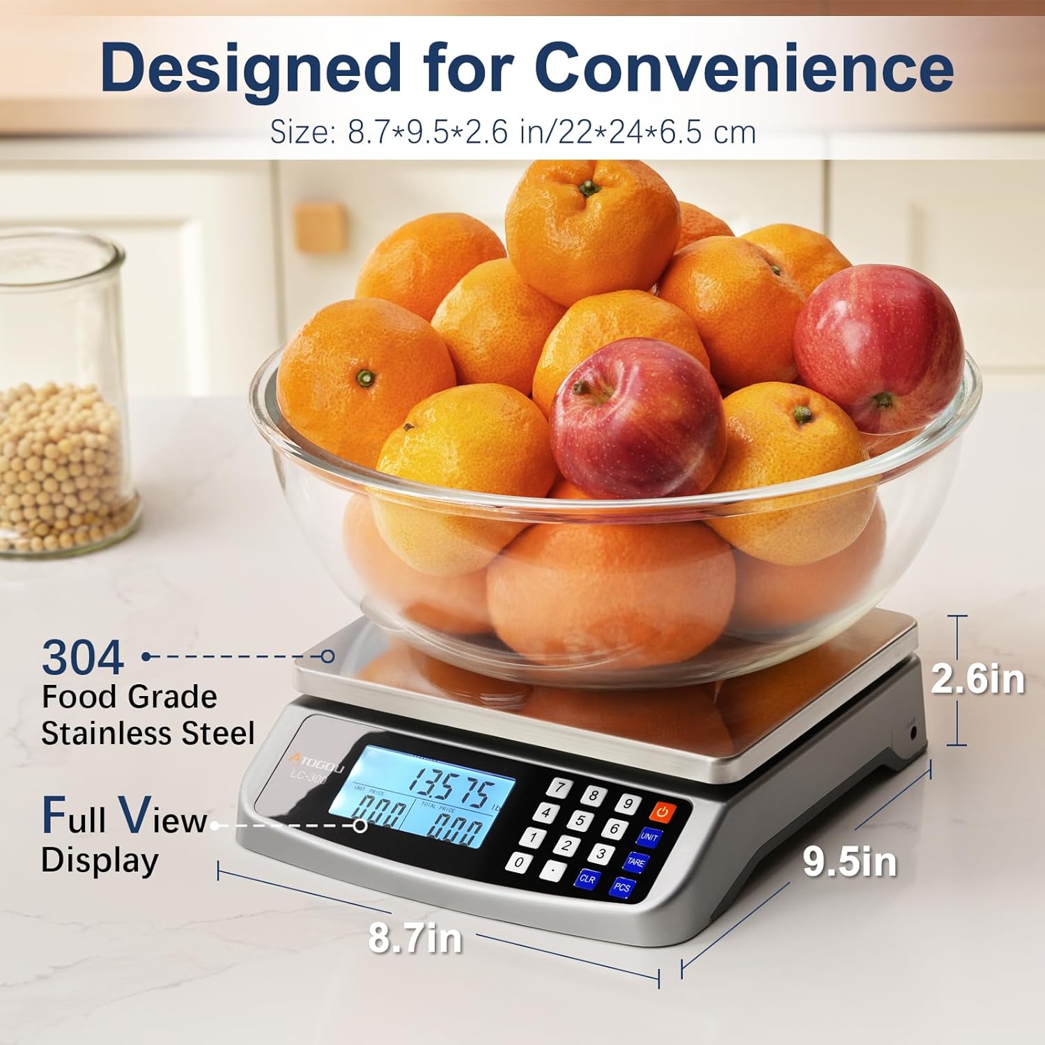110lb Food Scale, Commercial Kitchen Scale with Price Computing | Plug-in Usable, 0.05oz/1g Increment, 304 Stainless Steel, for Cooking, Vegetables, Farm, Industry, Counting. LC300 Silver