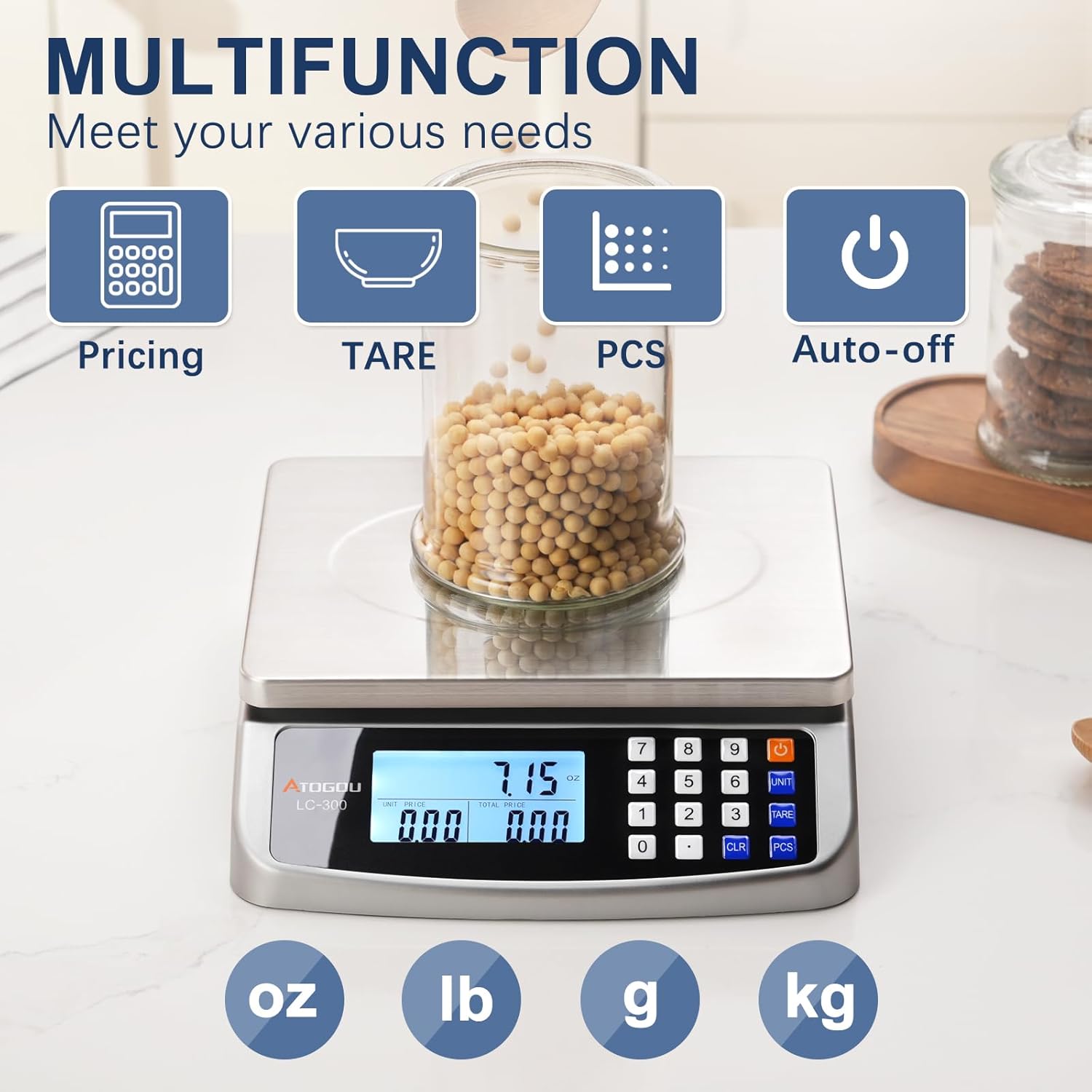 110lb Food Scale, Commercial Kitchen Scale with Price Computing | Plug-in Usable, 0.05oz/1g Increment, 304 Stainless Steel, for Cooking, Vegetables, Farm, Industry, Counting. LC300 Silver