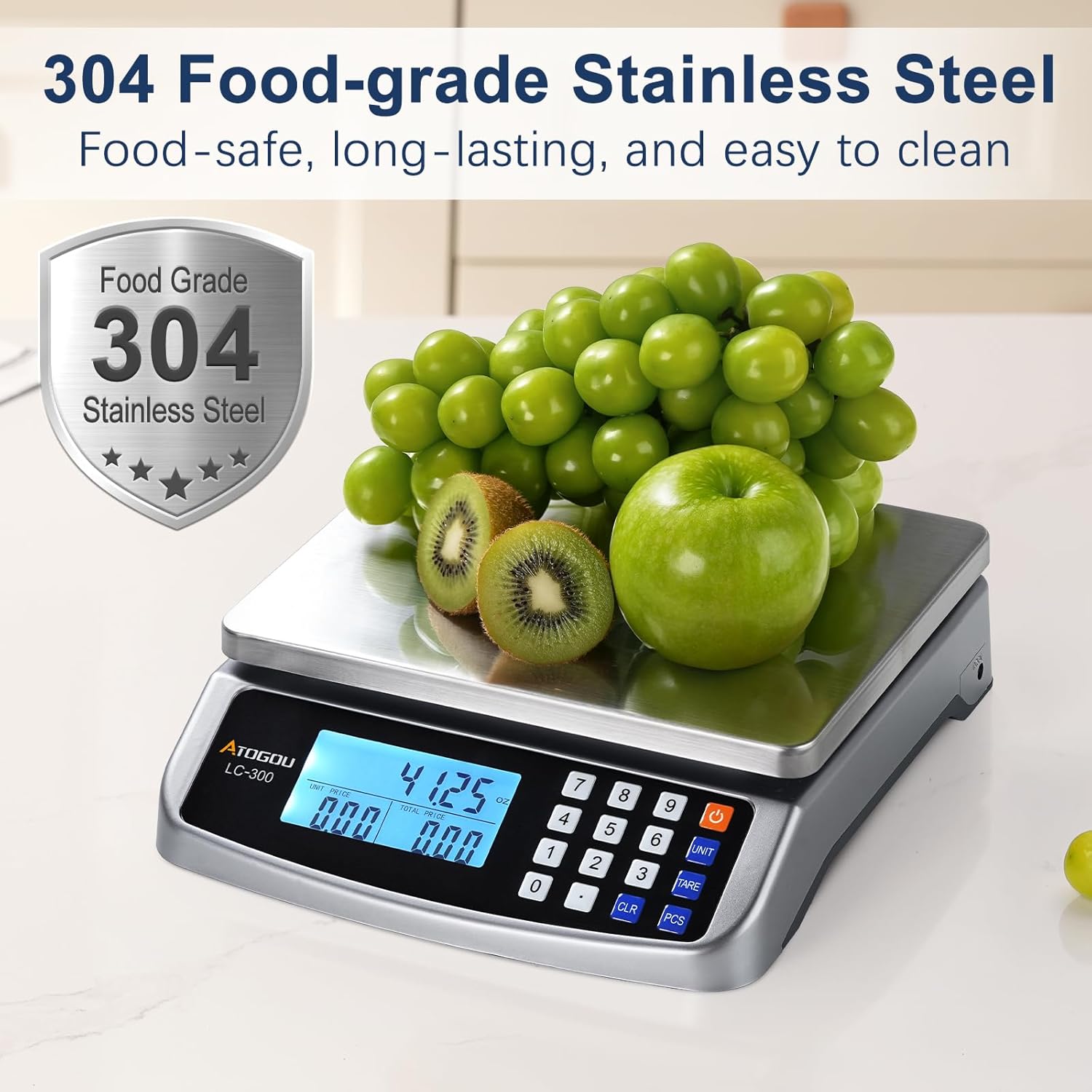 110lb Food Scale, Commercial Kitchen Scale with Price Computing | Plug-in Usable, 0.05oz/1g Increment, 304 Stainless Steel, for Cooking, Vegetables, Farm, Industry, Counting. LC300 Silver