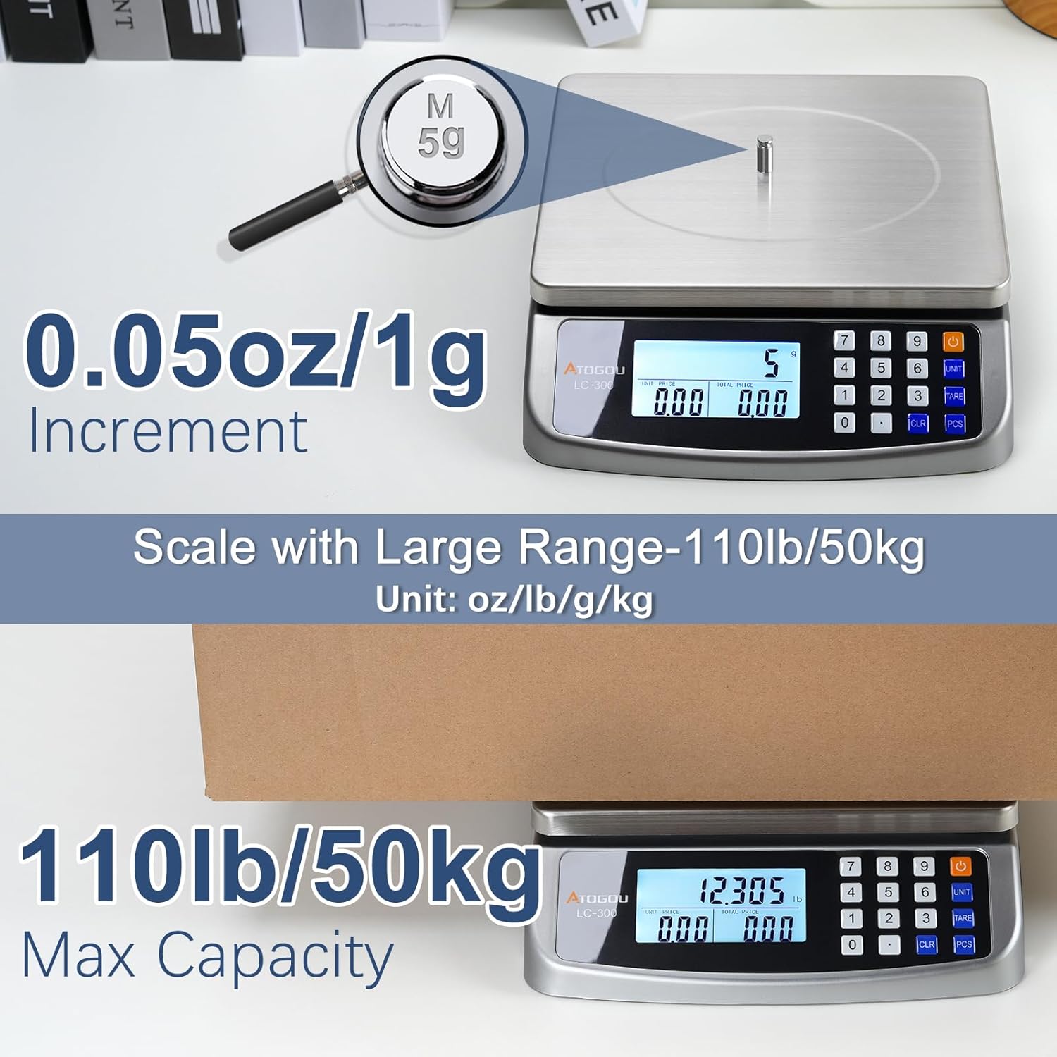 110lb Food Scale, Commercial Kitchen Scale with Price Computing | Plug-in Usable, 0.05oz/1g Increment, 304 Stainless Steel, for Cooking, Vegetables, Farm, Industry, Counting. LC300 Silver