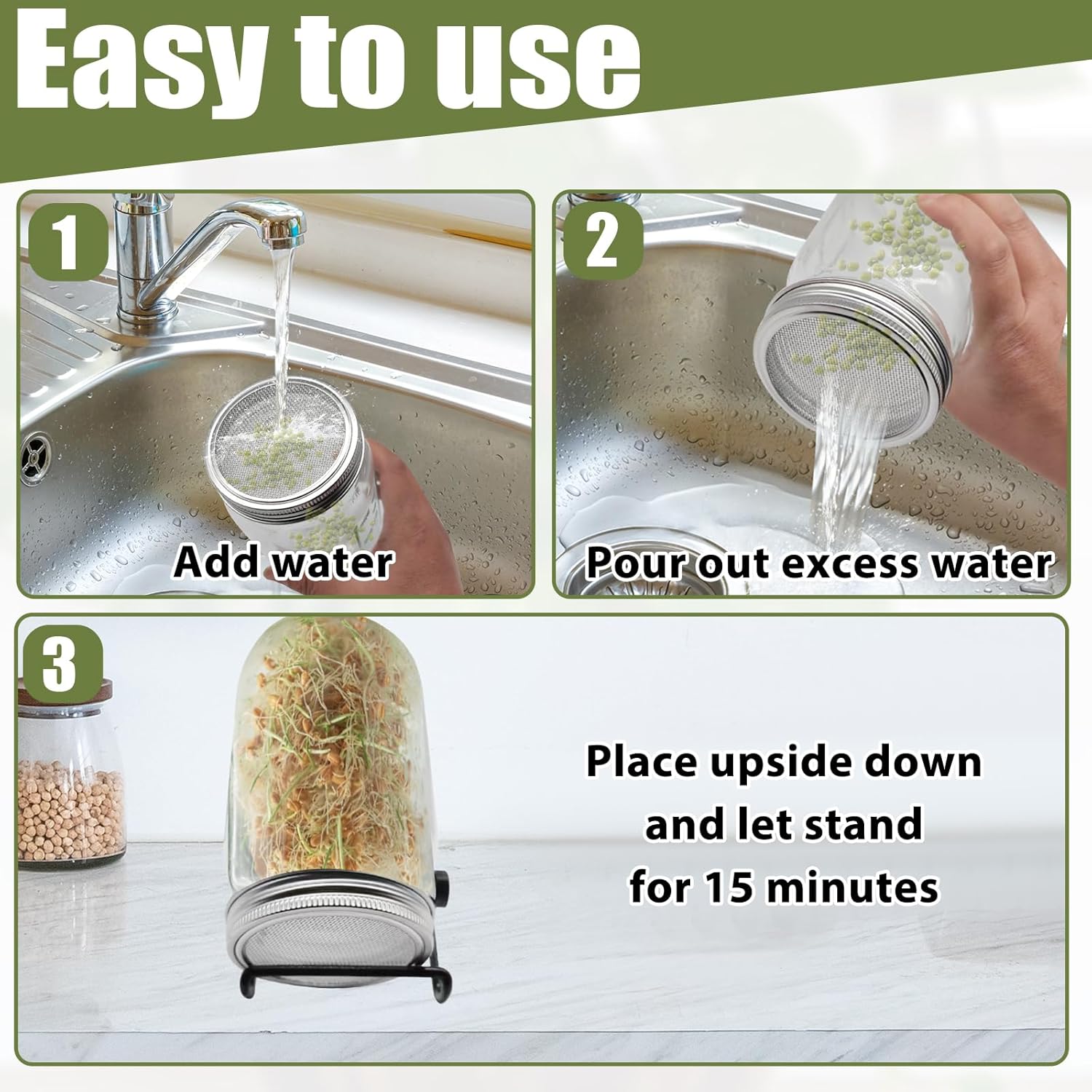 10 Pack Stainless Steel Screen Filter Strainer Lid for 86mm Wide Mouth Mason Jar, Sprouting Lids, Mason Jar Sprouting Lids, Regular Mouth Mesh Bean Sprout Sieve Lids for Bean, Alfalfa, Broccoli