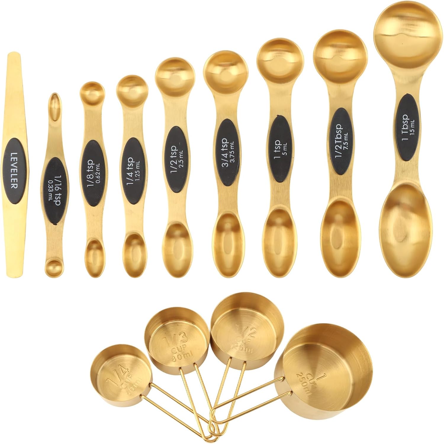 13pcs Gold Stainless Steel Measuring Cups and Spoons Set, 8 Double-Sided Magnetic Measuring Spoons & 4 Metal Measure Cups & 1 Leveler for Liquid Dry Ingredients Cooking Baking(COLOR:Gold)