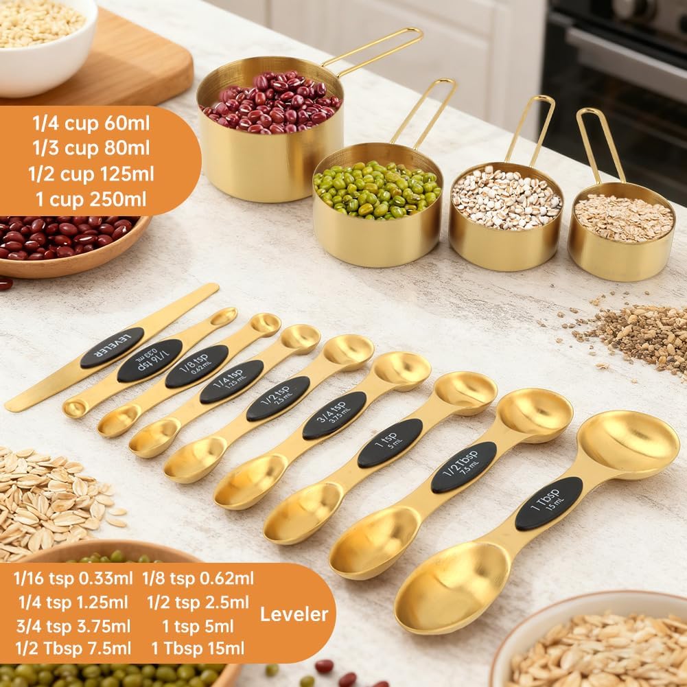 13pcs Gold Stainless Steel Measuring Cups and Spoons Set, 8 Double-Sided Magnetic Measuring Spoons & 4 Metal Measure Cups & 1 Leveler for Liquid Dry Ingredients Cooking Baking(COLOR:Gold)