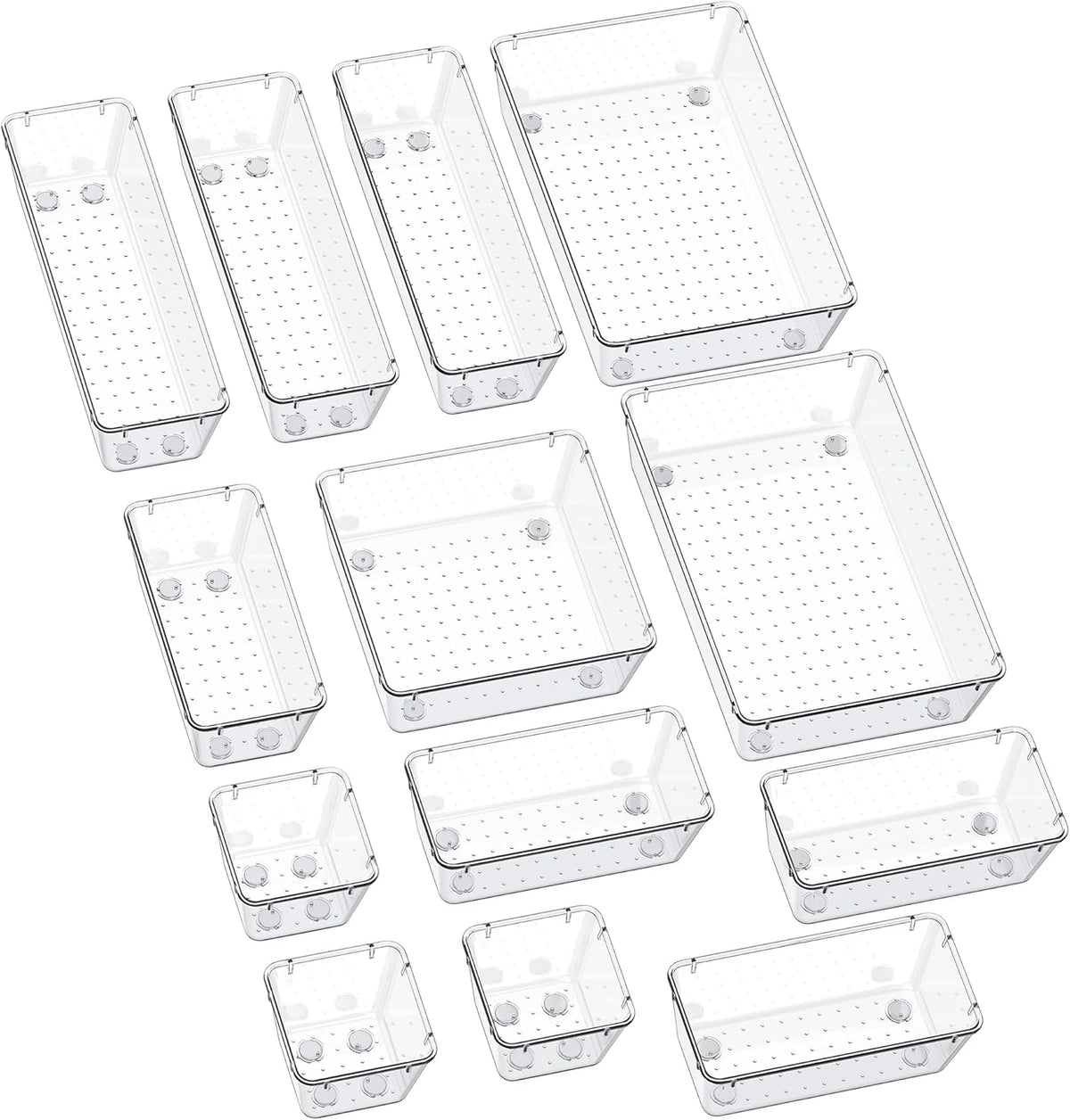 13-Piece Drawer Organizers with Non-Slip Silicone Pads, 5-Size | Clear Desk Bathroom Drawer Organizer Trays Storage Tray for Makeup, Jewelry, Utensils in Bedroom Dresser, Office and Kitchen