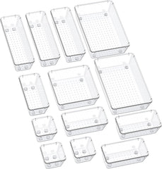 13-Piece Drawer Organizers with Non-Slip Silicone Pads, 5-Size | Clear Desk Bathroom Drawer Organizer Trays Storage Tray for Makeup, Jewelry, Utensils in Bedroom Dresser, Office and Kitchen