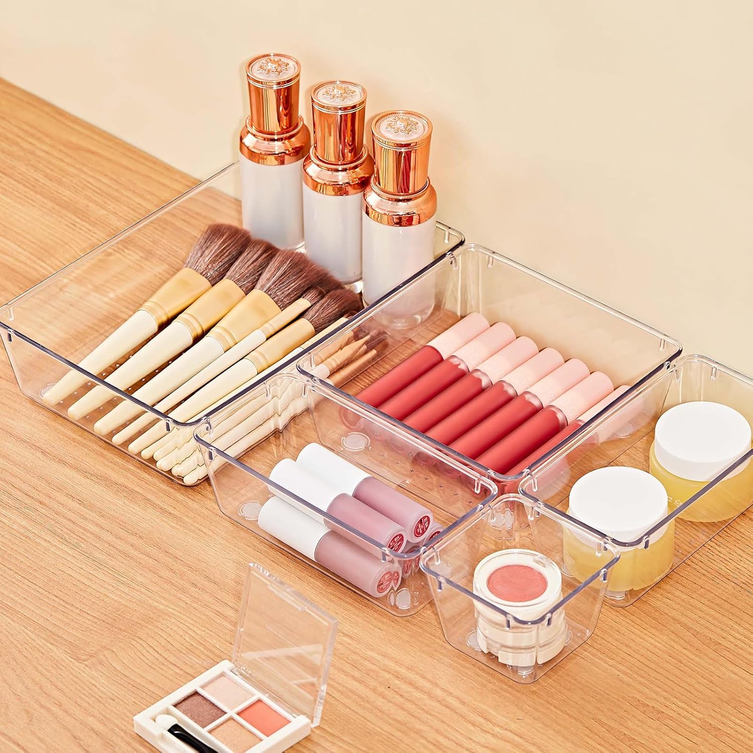 13-Piece Drawer Organizers with Non-Slip Silicone Pads, 5-Size | Clear Desk Bathroom Drawer Organizer Trays Storage Tray for Makeup, Jewelry, Utensils in Bedroom Dresser, Office and Kitchen