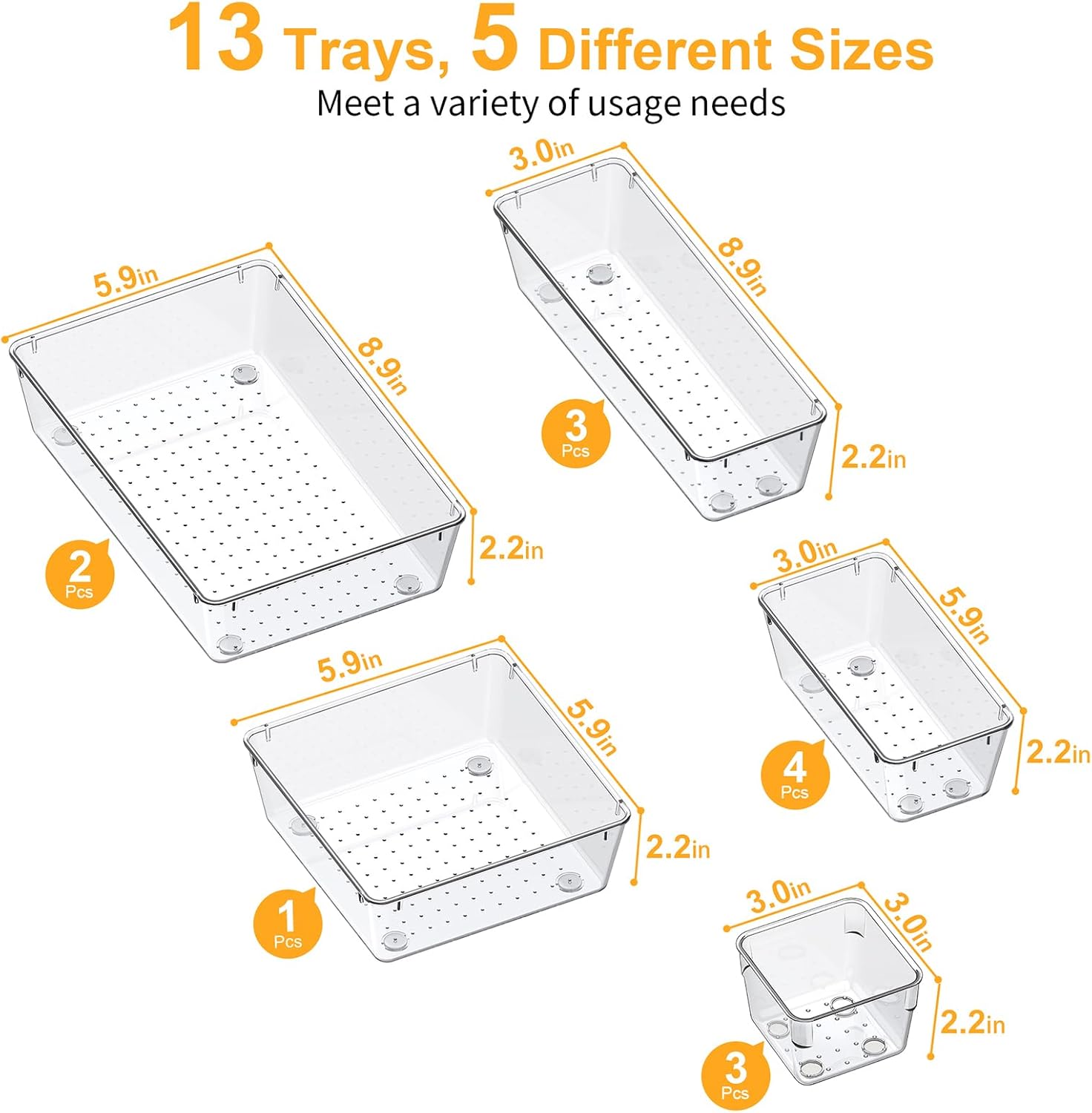 13-Piece Drawer Organizers with Non-Slip Silicone Pads, 5-Size | Clear Desk Bathroom Drawer Organizer Trays Storage Tray for Makeup, Jewelry, Utensils in Bedroom Dresser, Office and Kitchen