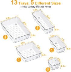 13-Piece Drawer Organizers with Non-Slip Silicone Pads, 5-Size | Clear Desk Bathroom Drawer Organizer Trays Storage Tray for Makeup, Jewelry, Utensils in Bedroom Dresser, Office and Kitchen