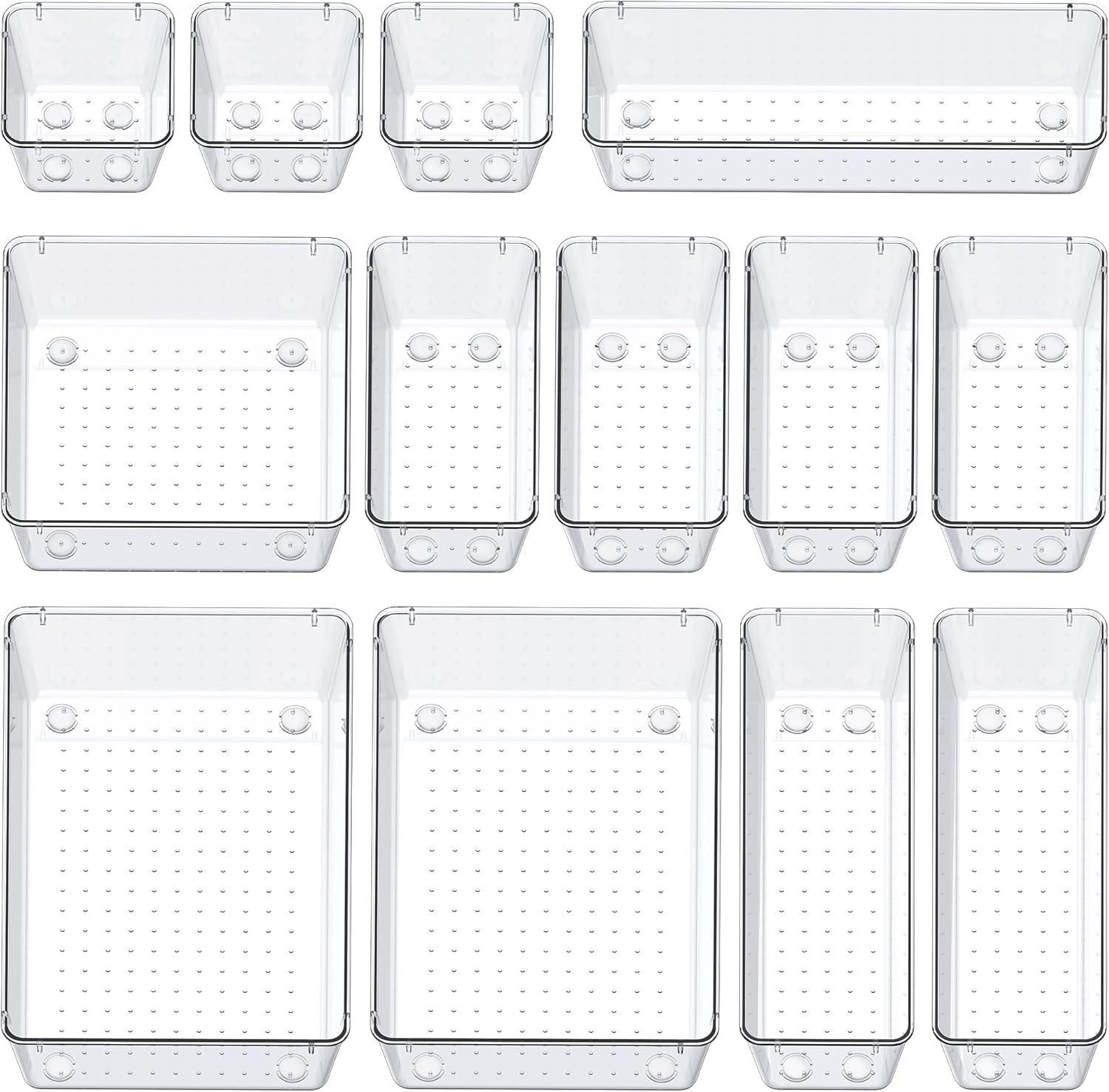 13-Piece Drawer Organizers with Non-Slip Silicone Pads, 5-Size | Clear Desk Bathroom Drawer Organizer Trays Storage Tray for Makeup, Jewelry, Utensils in Bedroom Dresser, Office and Kitchen