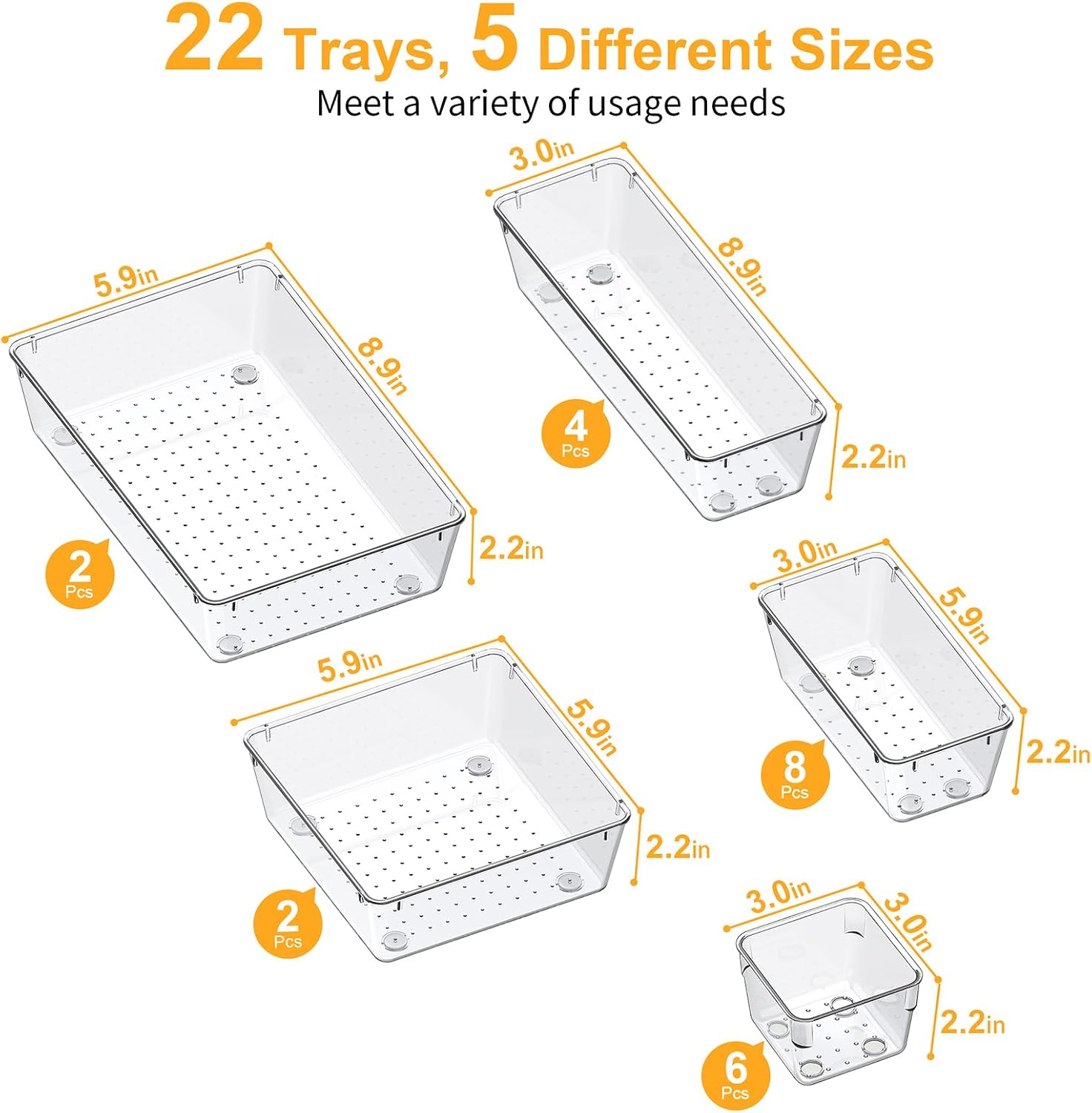 13-Piece Drawer Organizers with Non-Slip Silicone Pads, 5-Size | Clear Desk Bathroom Drawer Organizer Trays Storage Tray for Makeup, Jewelry, Utensils in Bedroom Dresser, Office and Kitchen