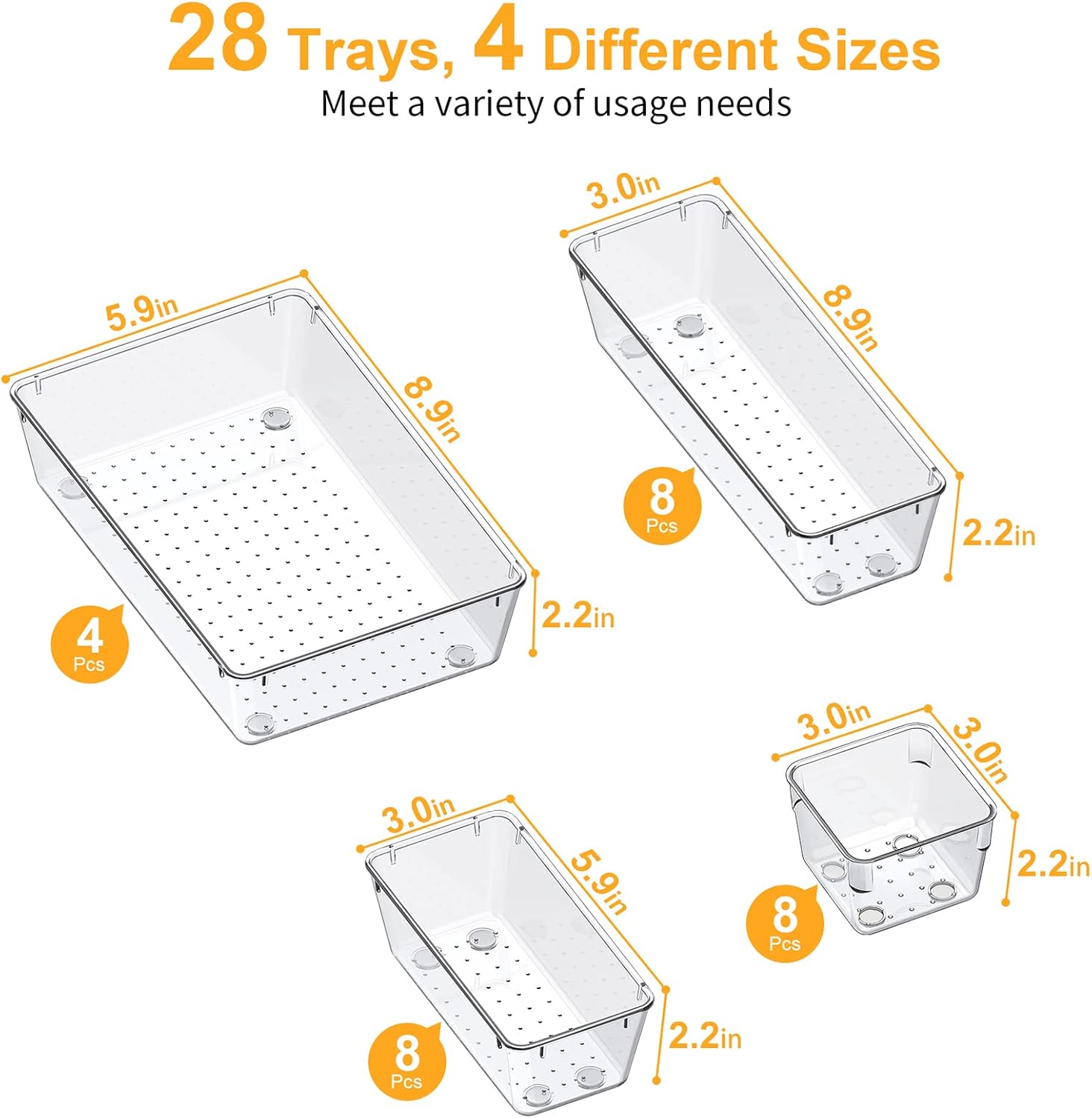 13-Piece Drawer Organizers with Non-Slip Silicone Pads, 5-Size | Clear Desk Bathroom Drawer Organizer Trays Storage Tray for Makeup, Jewelry, Utensils in Bedroom Dresser, Office and Kitchen