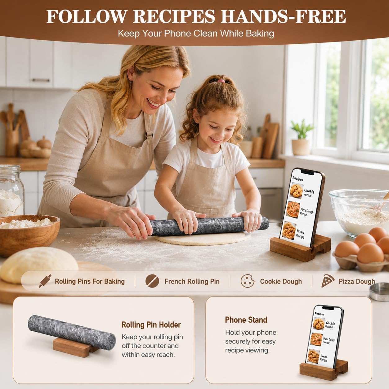 12 Inch Marble Rolling Pins for Baking with Wooden Stand | French Rolling Pin for Dough, Heavy Stone French Polished Non-Stick Roller Pins For Baking Cookie Pizza Pastry (Black)