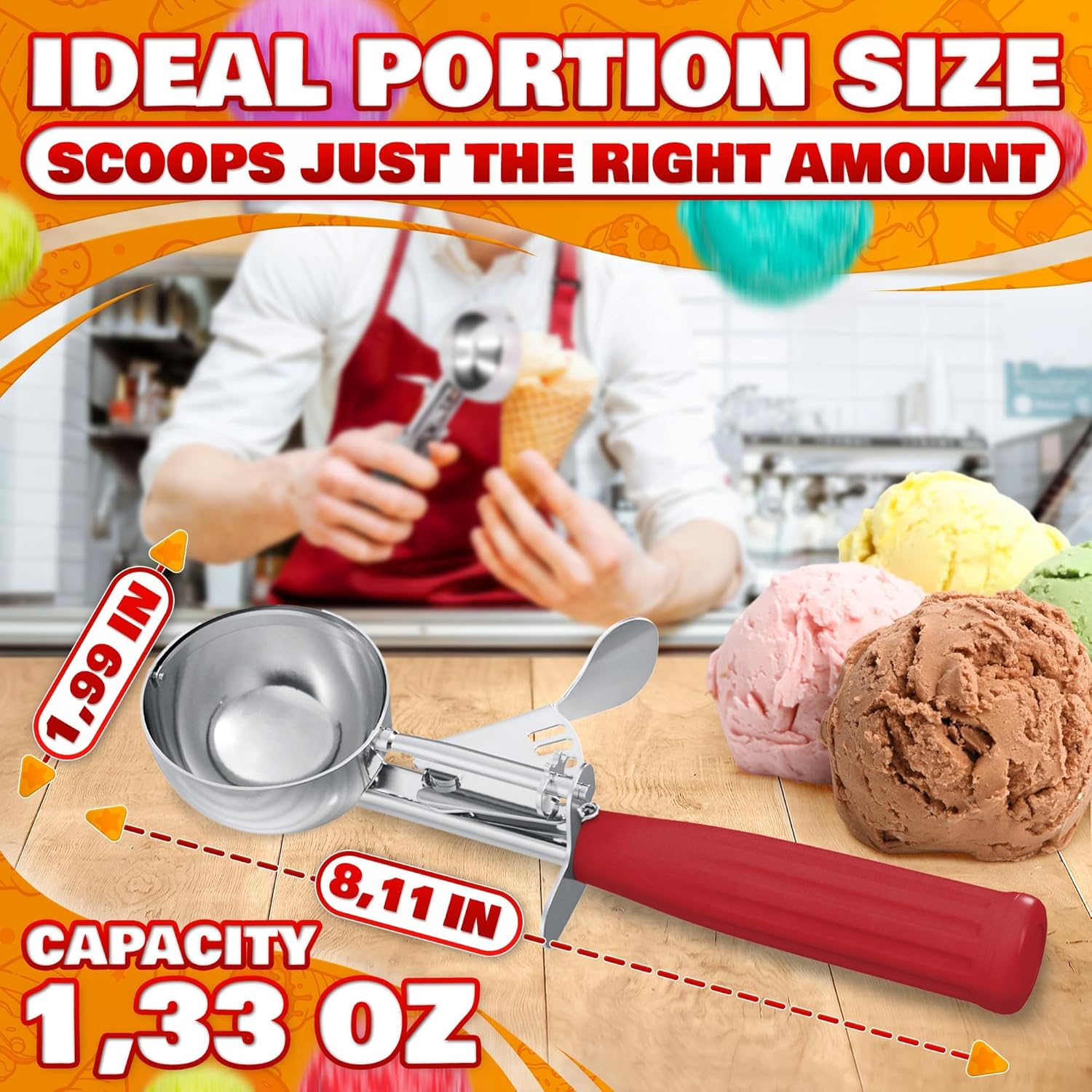 1 Oz Ice Cream Scoop with Trigger #30, Stainless Steel Portion Scoop | One Ounce Disher for Gelato, Sorbet, Baking Cookie Dough, and Meatballs - Rust Resistant, Easy to Clean for Daily Food Prep