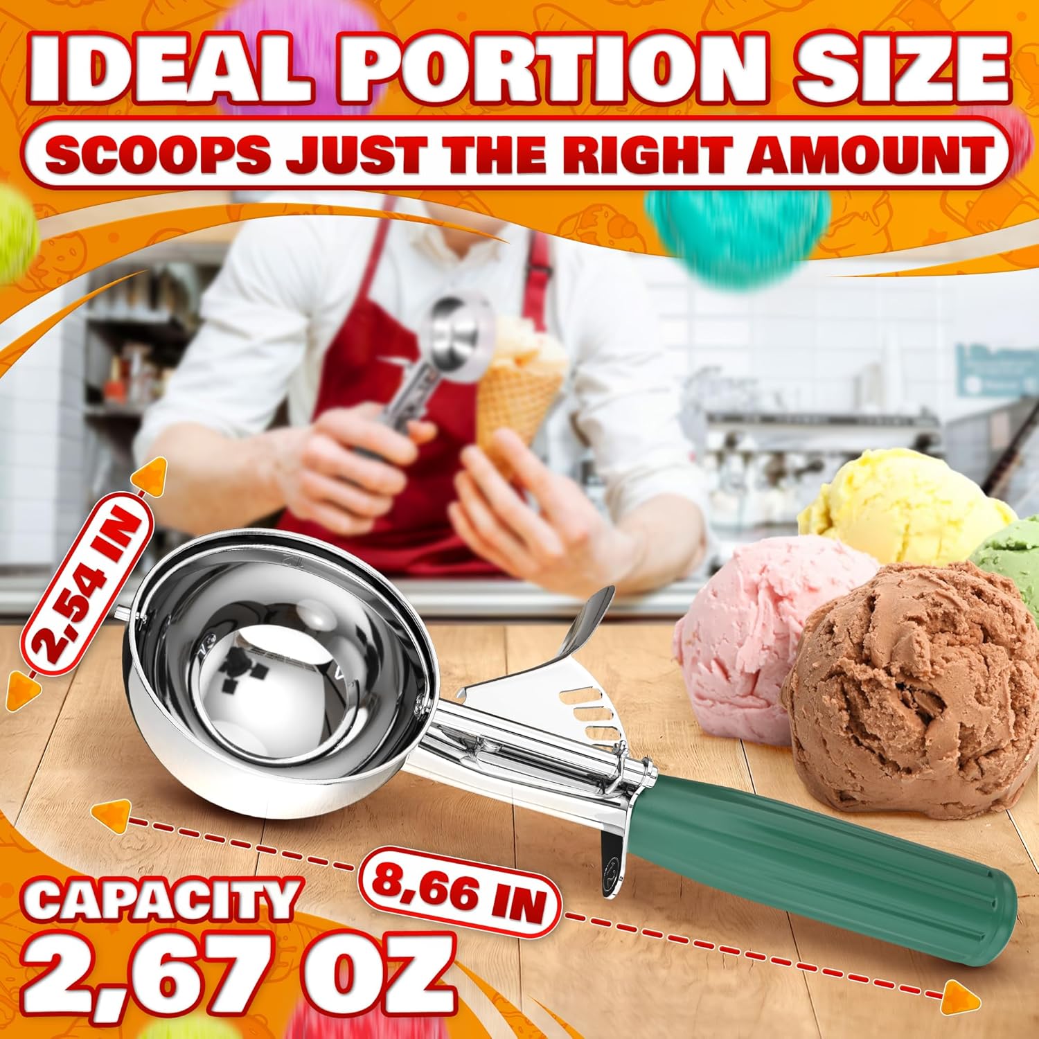 1 Oz Ice Cream Scoop with Trigger #30, Stainless Steel Portion Scoop | One Ounce Disher for Gelato, Sorbet, Baking Cookie Dough, and Meatballs - Rust Resistant, Easy to Clean for Daily Food Prep