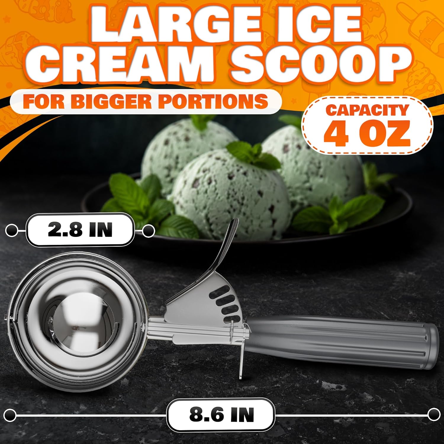 1 Oz Ice Cream Scoop with Trigger #30, Stainless Steel Portion Scoop | One Ounce Disher for Gelato, Sorbet, Baking Cookie Dough, and Meatballs - Rust Resistant, Easy to Clean for Daily Food Prep