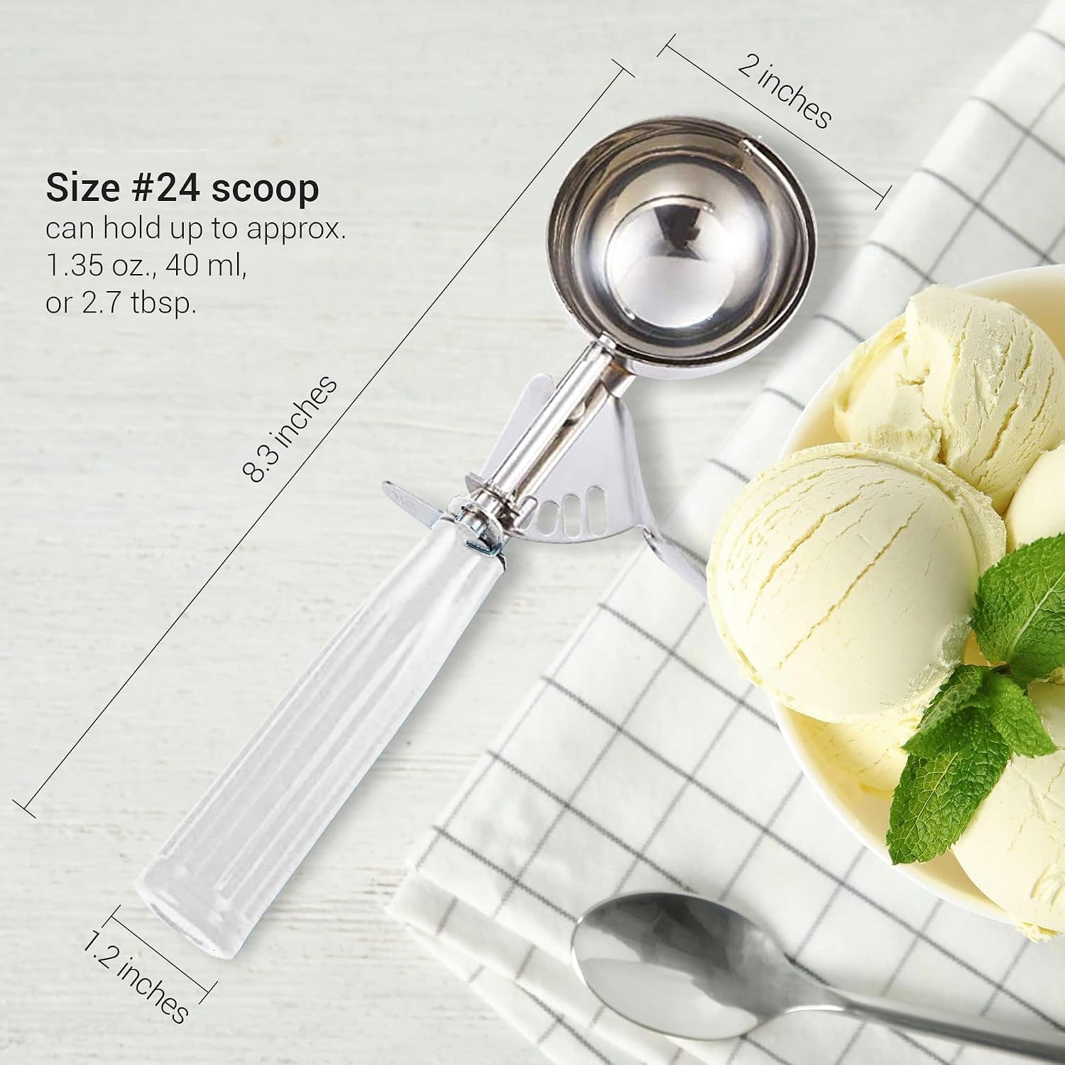 #24 Ice Cream Disher Scoop, Stainless Steel, Black/Gray, 2-Pack | Stainless steel 2.7 Tbsp scoop has a reinforced trigger and non-slip handle; dishwasher-safe for ice cream, dough and more.