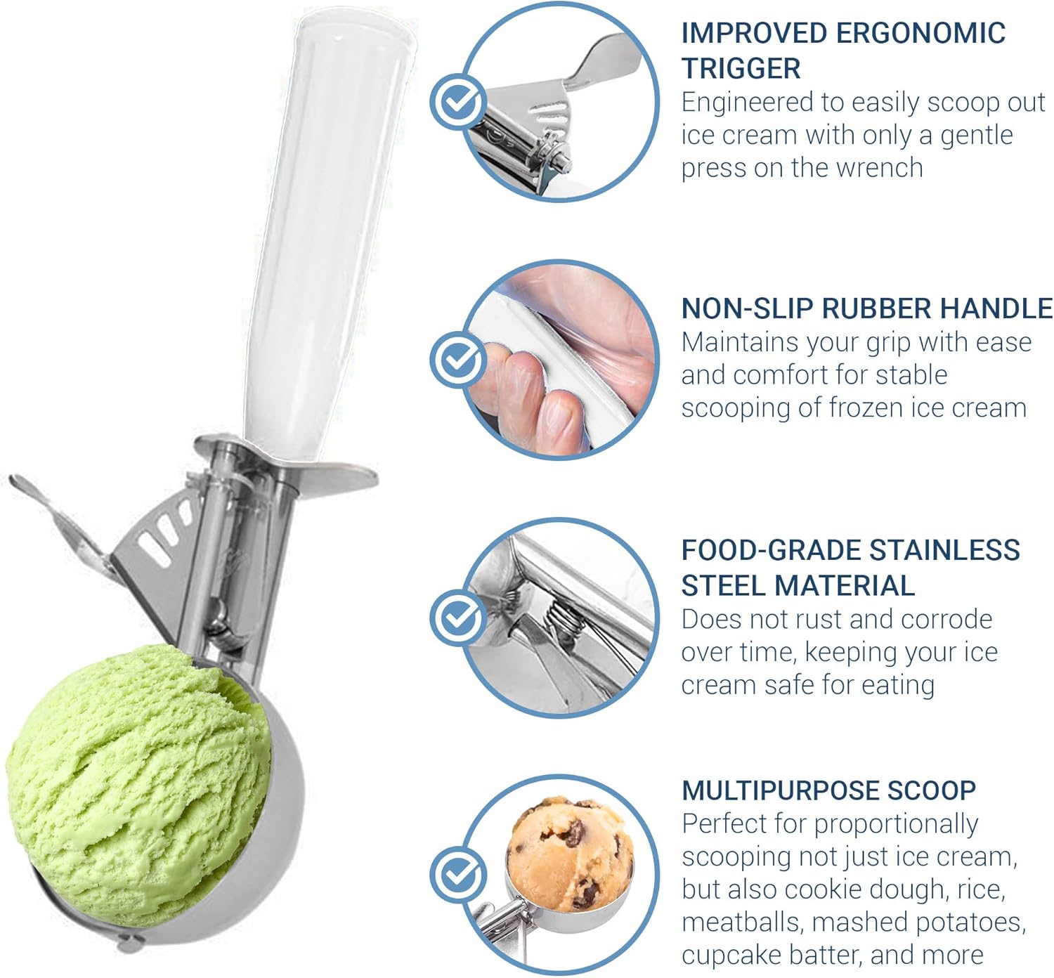 #24 Ice Cream Disher Scoop, Stainless Steel, Black/Gray, 2-Pack | Stainless steel 2.7 Tbsp scoop has a reinforced trigger and non-slip handle; dishwasher-safe for ice cream, dough and more.