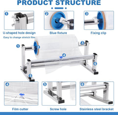 13.78 inch Stretch Film Wrap Dispenser with 2 Film-Sliding Cutters | Manual Table Stretch Film Wrapping Machine, Stainless Steel Bracket, for Commercial Warehouse Packaging, Moving and Shipping