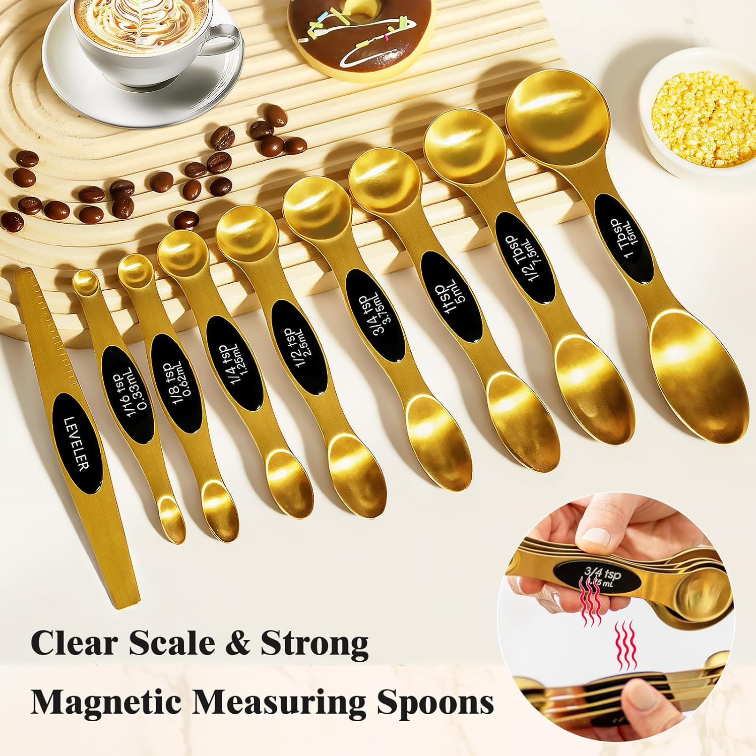 13pcs Gold Stainless Steel Measuring Cups and Spoons Set, Including 8 Double-Sided Magnetic Measuring Spoons Set & 1 Leveler, 4 Metal Measuring Cups, Kitchen Accessroies for Cooking & Baking