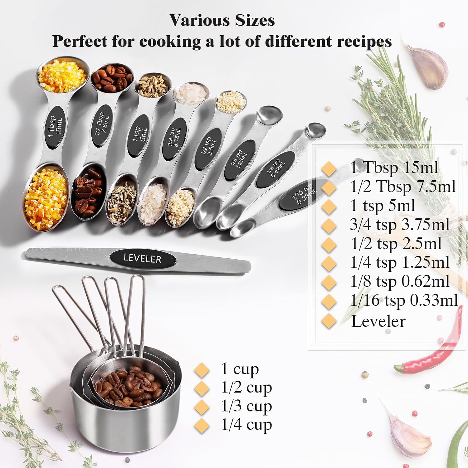 13pcs Gold Stainless Steel Measuring Cups and Spoons Set, Including 8 Double-Sided Magnetic Measuring Spoons Set & 1 Leveler, 4 Metal Measuring Cups, Kitchen Accessroies for Cooking & Baking
