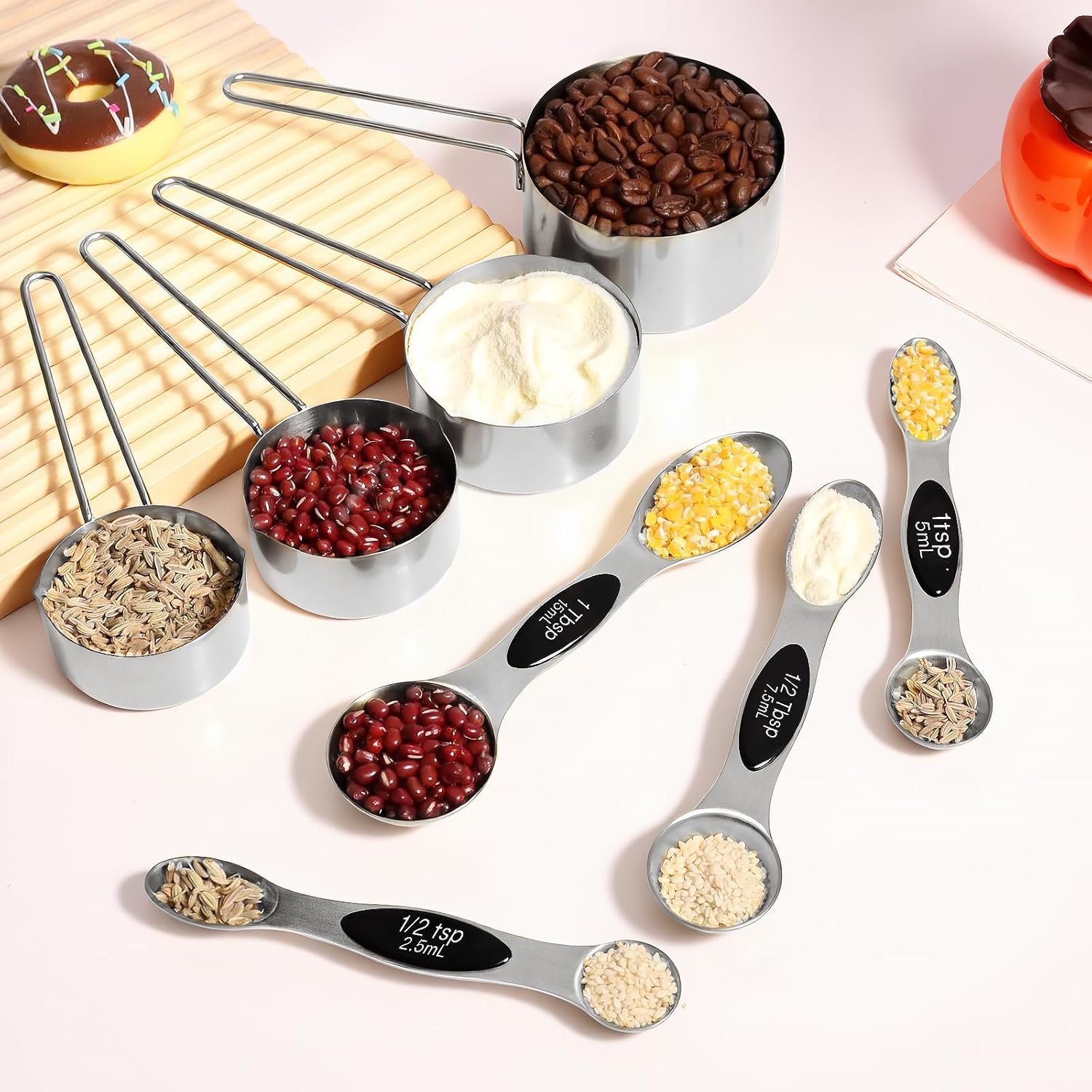 13pcs Gold Stainless Steel Measuring Cups and Spoons Set, Including 8 Double-Sided Magnetic Measuring Spoons Set & 1 Leveler, 4 Metal Measuring Cups, Kitchen Accessroies for Cooking & Baking