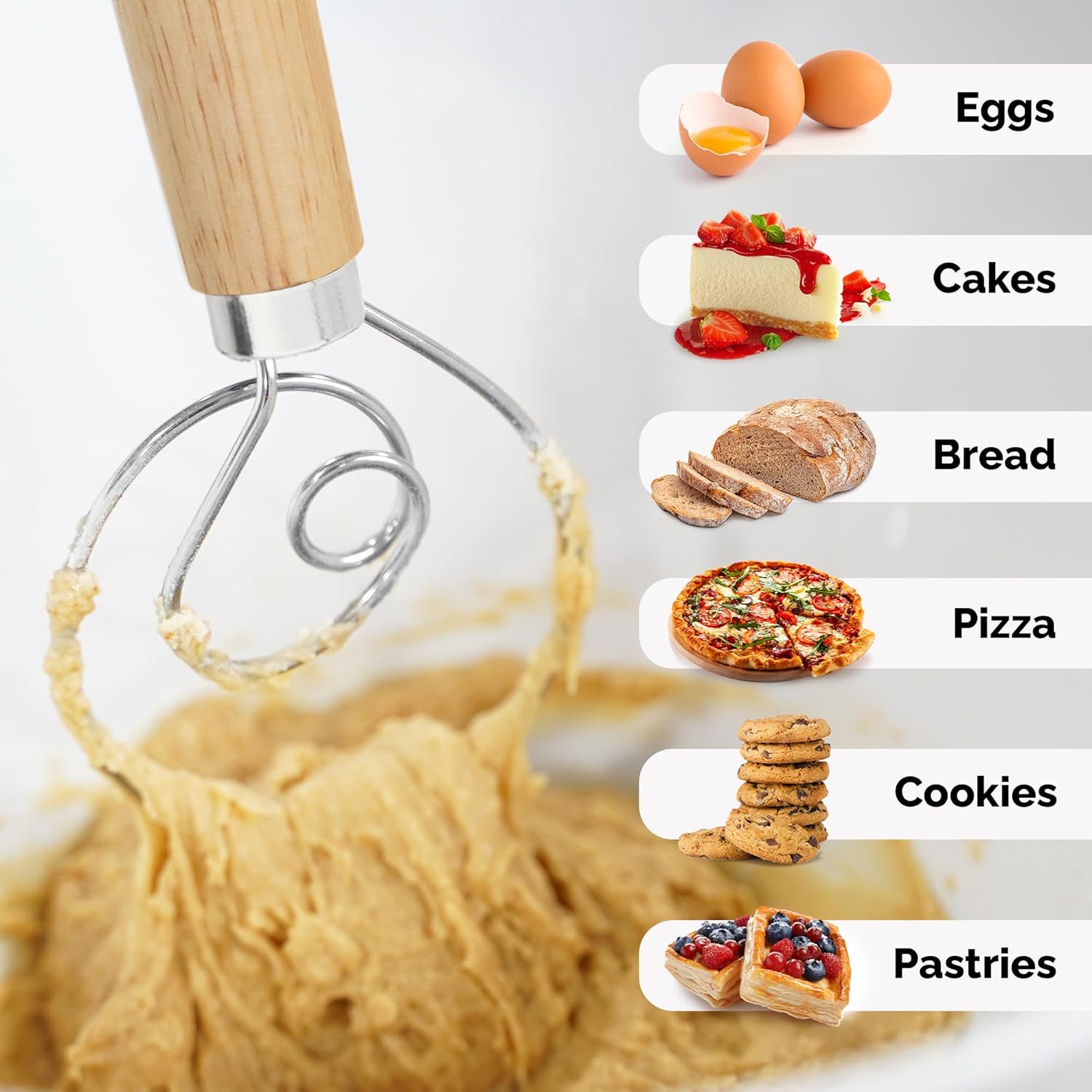 13-Inch Danish Dough Whisk - Stainless Steel Wooden Whisk with Dough Hook - Sourdough Whisk for Bread, Pizza, Pastry, Cake Batter & More - Wood