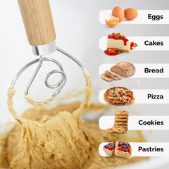 13-Inch Danish Dough Whisk - Stainless Steel Wooden Whisk with Dough Hook - Sourdough Whisk for Bread, Pizza, Pastry, Cake Batter & More - Wood