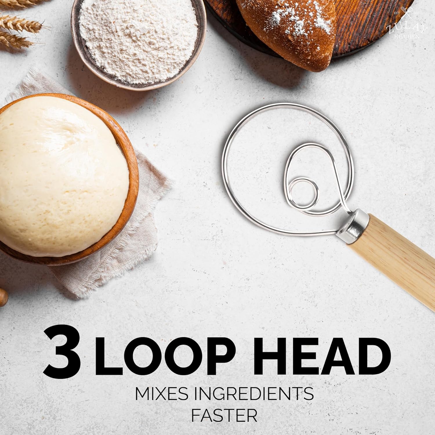 13-Inch Danish Dough Whisk - Stainless Steel Wooden Whisk with Dough Hook - Sourdough Whisk for Bread, Pizza, Pastry, Cake Batter & More - Wood