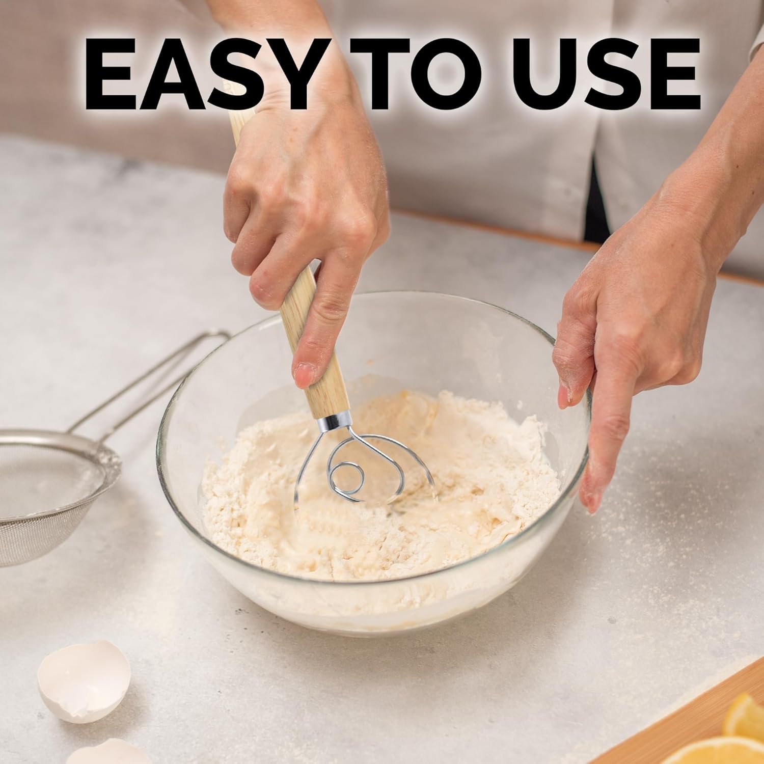 13-Inch Danish Dough Whisk - Stainless Steel Wooden Whisk with Dough Hook - Sourdough Whisk for Bread, Pizza, Pastry, Cake Batter & More - Wood