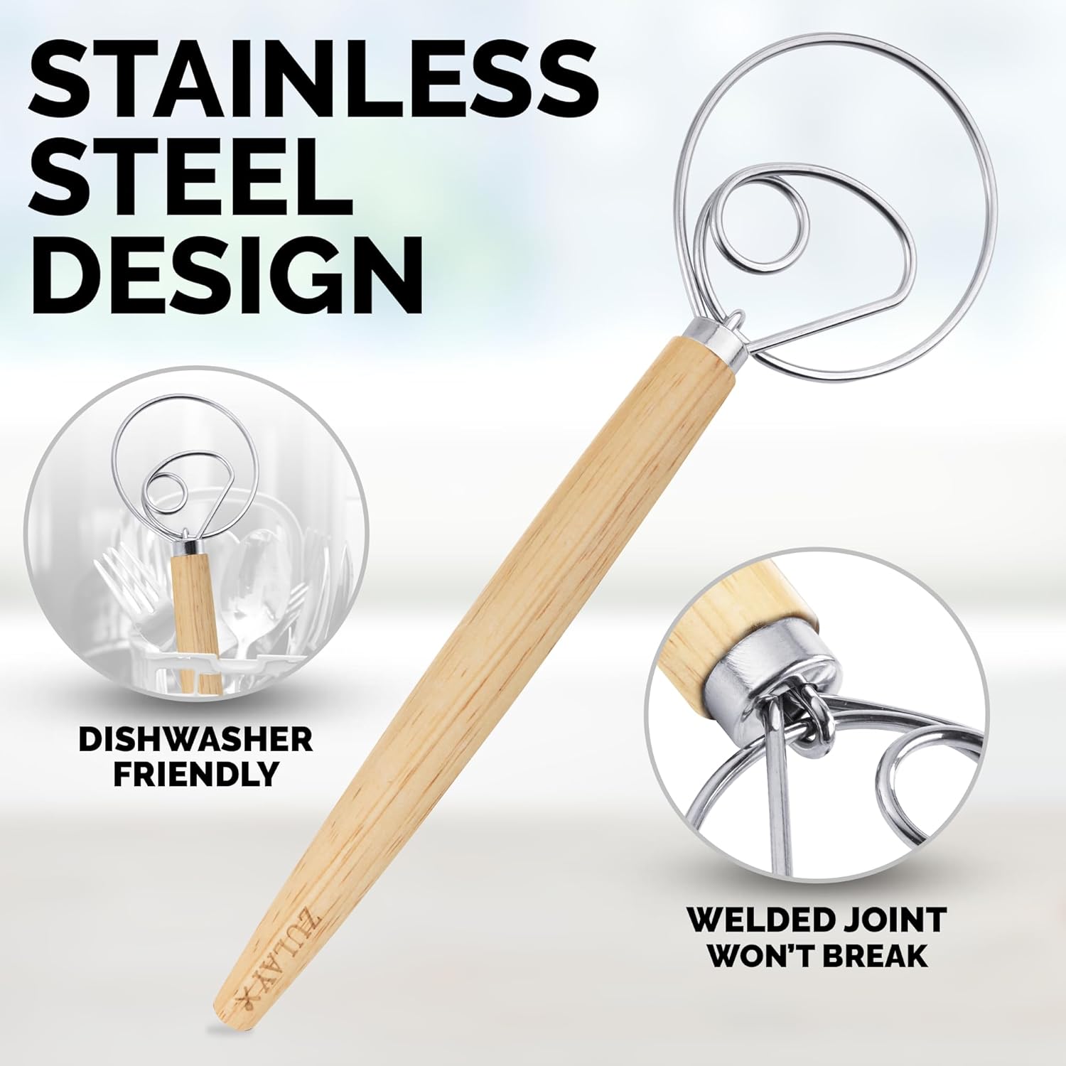 13-Inch Danish Dough Whisk - Stainless Steel Wooden Whisk with Dough Hook - Sourdough Whisk for Bread, Pizza, Pastry, Cake Batter & More - Wood