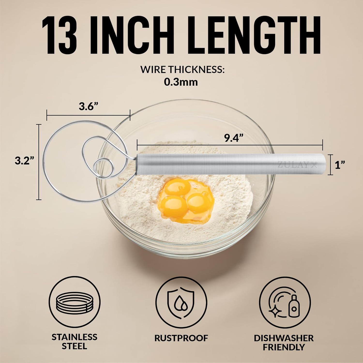 13-Inch Danish Dough Whisk - Stainless Steel Wooden Whisk with Dough Hook - Sourdough Whisk for Bread, Pizza, Pastry, Cake Batter & More - Wood