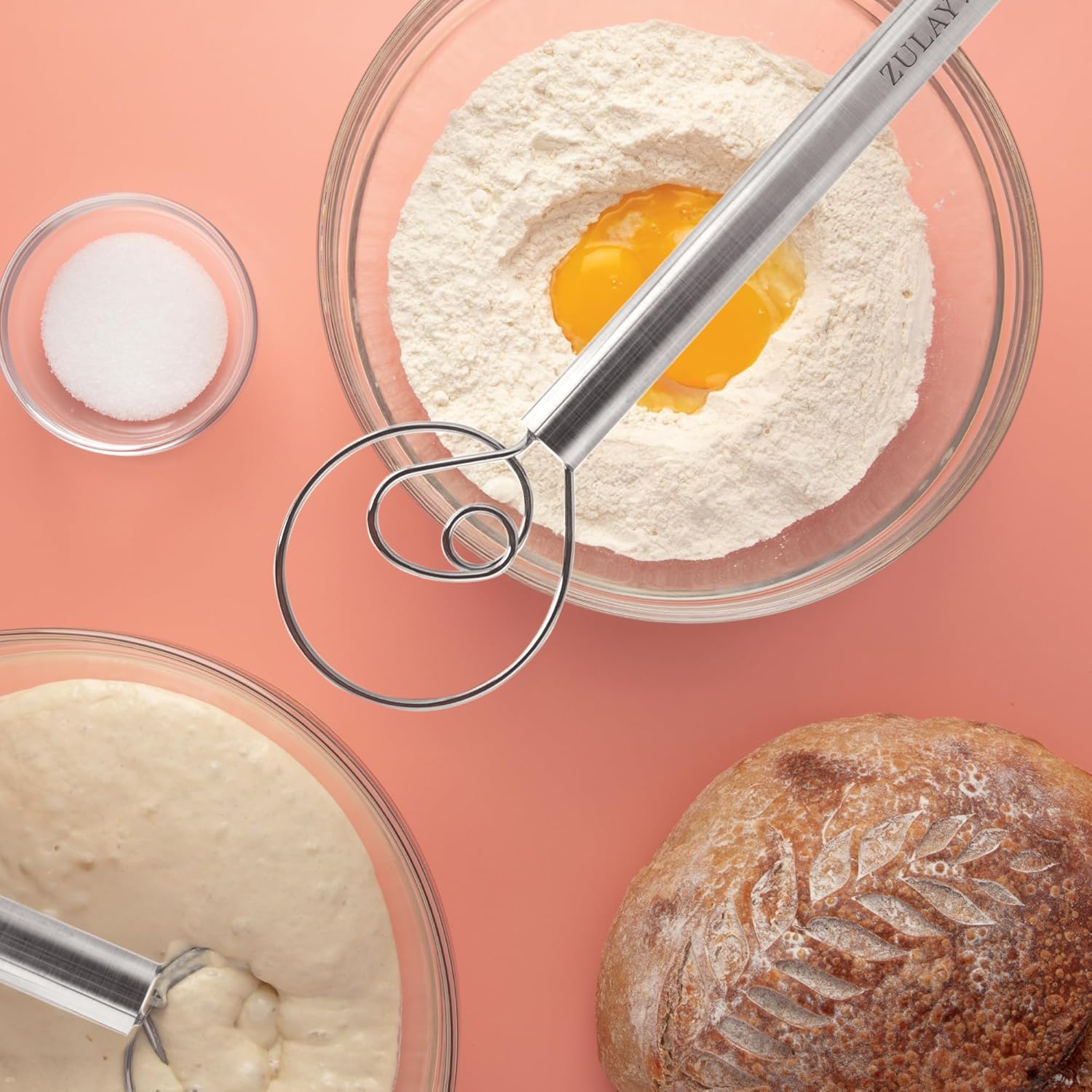13-Inch Danish Dough Whisk - Stainless Steel Wooden Whisk with Dough Hook - Sourdough Whisk for Bread, Pizza, Pastry, Cake Batter & More - Wood