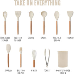 11 Piece Silicone Utensil Crock Set, Nonstick Kitchen Tools, Ladle, Turner, Slotted Turner, Spatula, Spoon, Spaghetti Server, Brush, Whisk, Tongs, Crock, Cream White