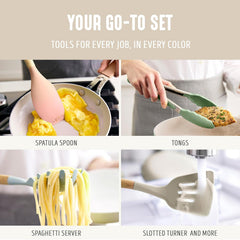 11 Piece Silicone Utensil Crock Set, Nonstick Kitchen Tools, Ladle, Turner, Slotted Turner, Spatula, Spoon, Spaghetti Server, Brush, Whisk, Tongs, Crock, Cream White