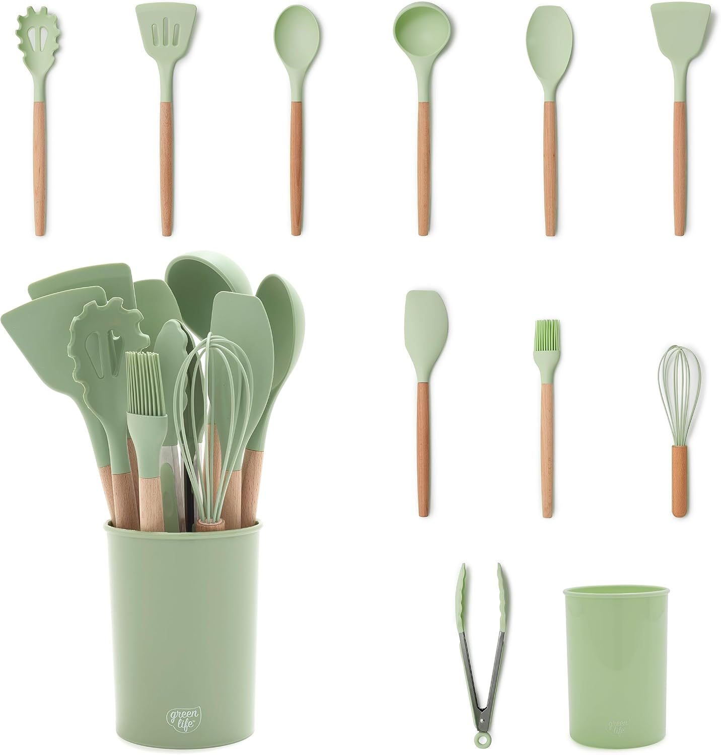11 Piece Silicone Utensil Crock Set, Nonstick Kitchen Tools, Ladle, Turner, Slotted Turner, Spatula, Spoon, Spaghetti Server, Brush, Whisk, Tongs, Crock, Cream White