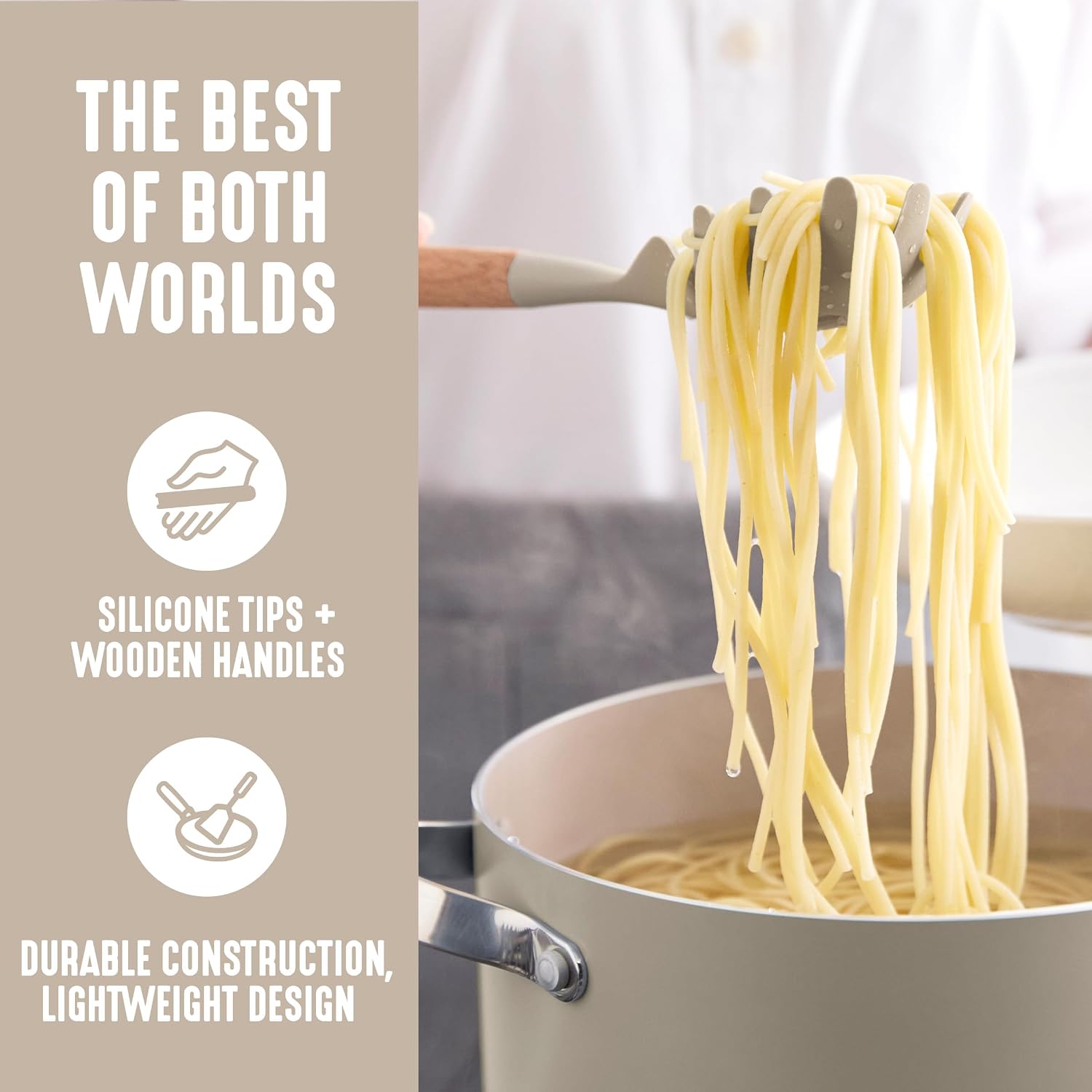 11 Piece Silicone Utensil Crock Set, Nonstick Kitchen Tools, Ladle, Turner, Slotted Turner, Spatula, Spoon, Spaghetti Server, Brush, Whisk, Tongs, Crock, Cream White