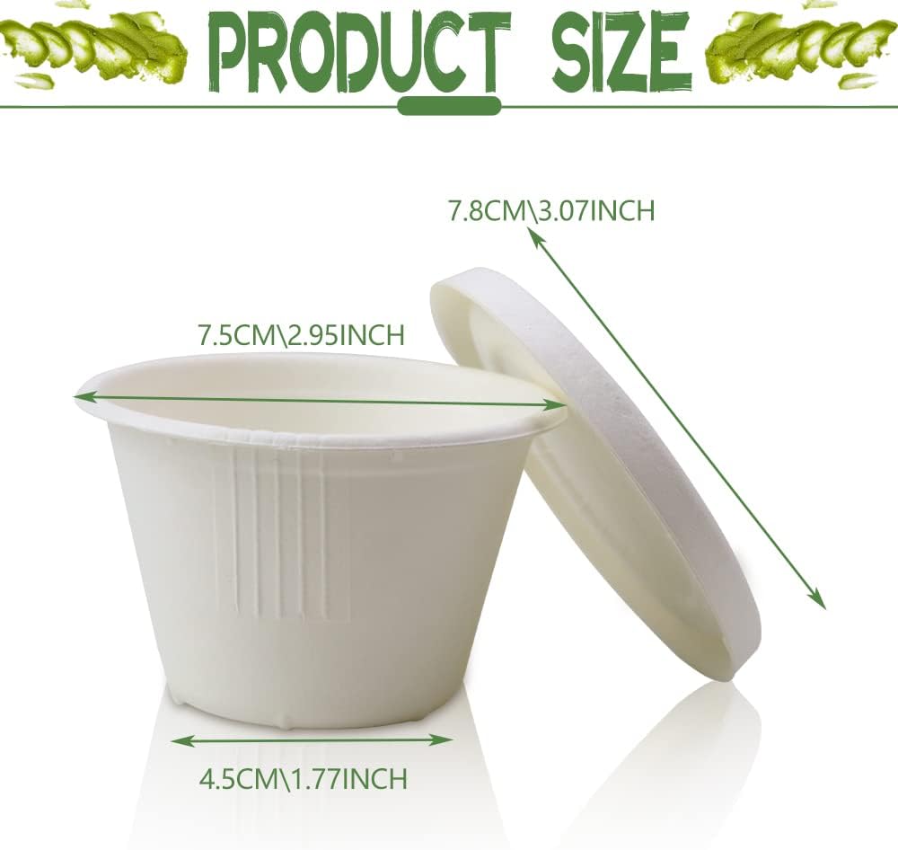 100-Pack 4 oz Disposable Paper Cups with Lids, White | Small Ice Cream Cups, 4 Ounce Natural Bagasse Fiber Recycleable Paper Bowls for Portion Condiments, Sauce, Souffle