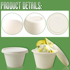 100-Pack 4 oz Disposable Paper Cups with Lids, White | Small Ice Cream Cups, 4 Ounce Natural Bagasse Fiber Recycleable Paper Bowls for Portion Condiments, Sauce, Souffle