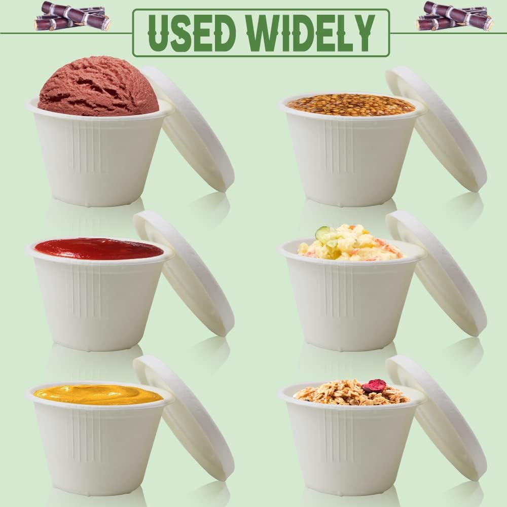 100-Pack 4 oz Disposable Paper Cups with Lids, White | Small Ice Cream Cups, 4 Ounce Natural Bagasse Fiber Recycleable Paper Bowls for Portion Condiments, Sauce, Souffle