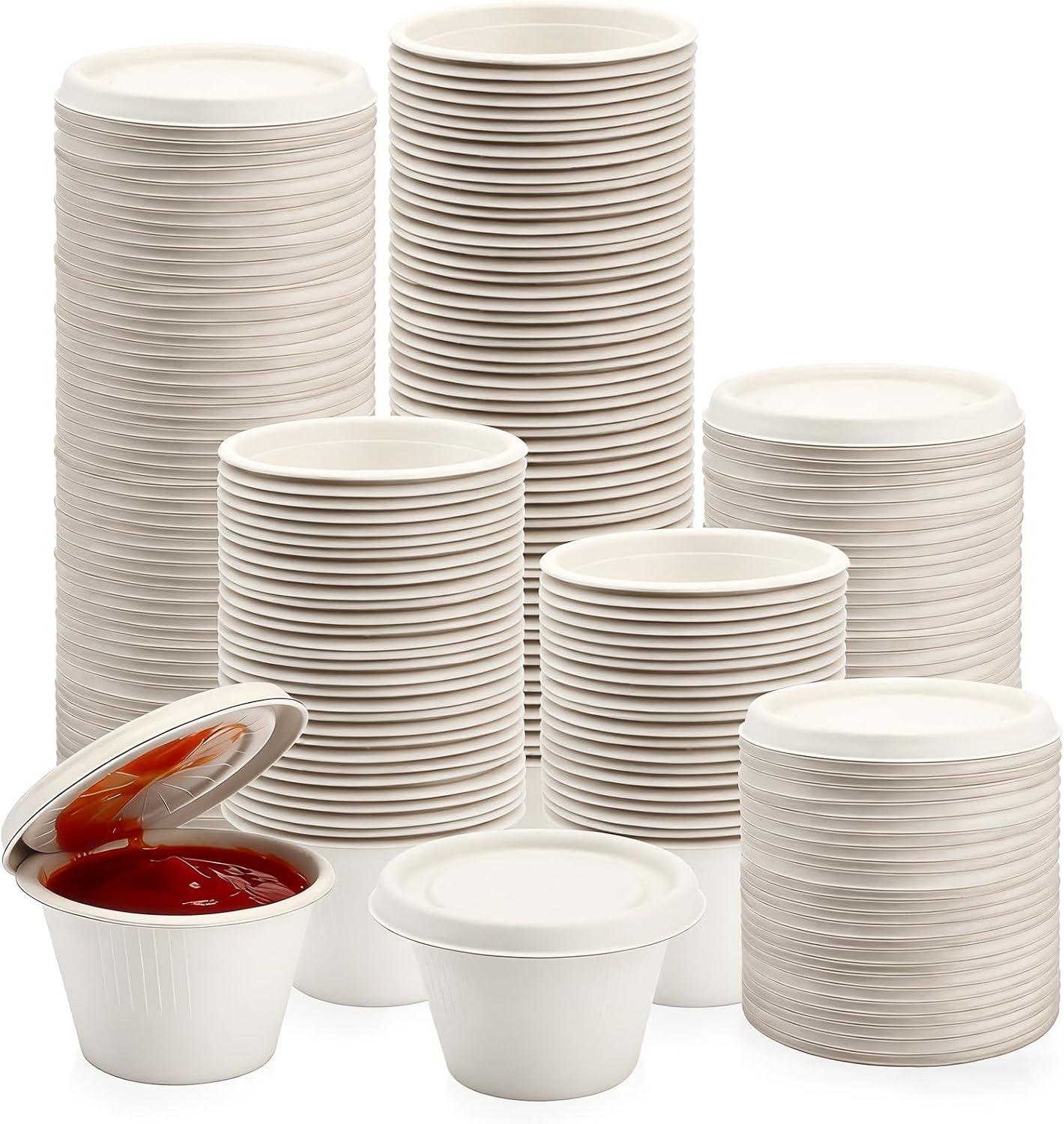 100-Pack 4 oz Disposable Paper Cups with Lids, White | Small Ice Cream Cups, 4 Ounce Natural Bagasse Fiber Recycleable Paper Bowls for Portion Condiments, Sauce, Souffle
